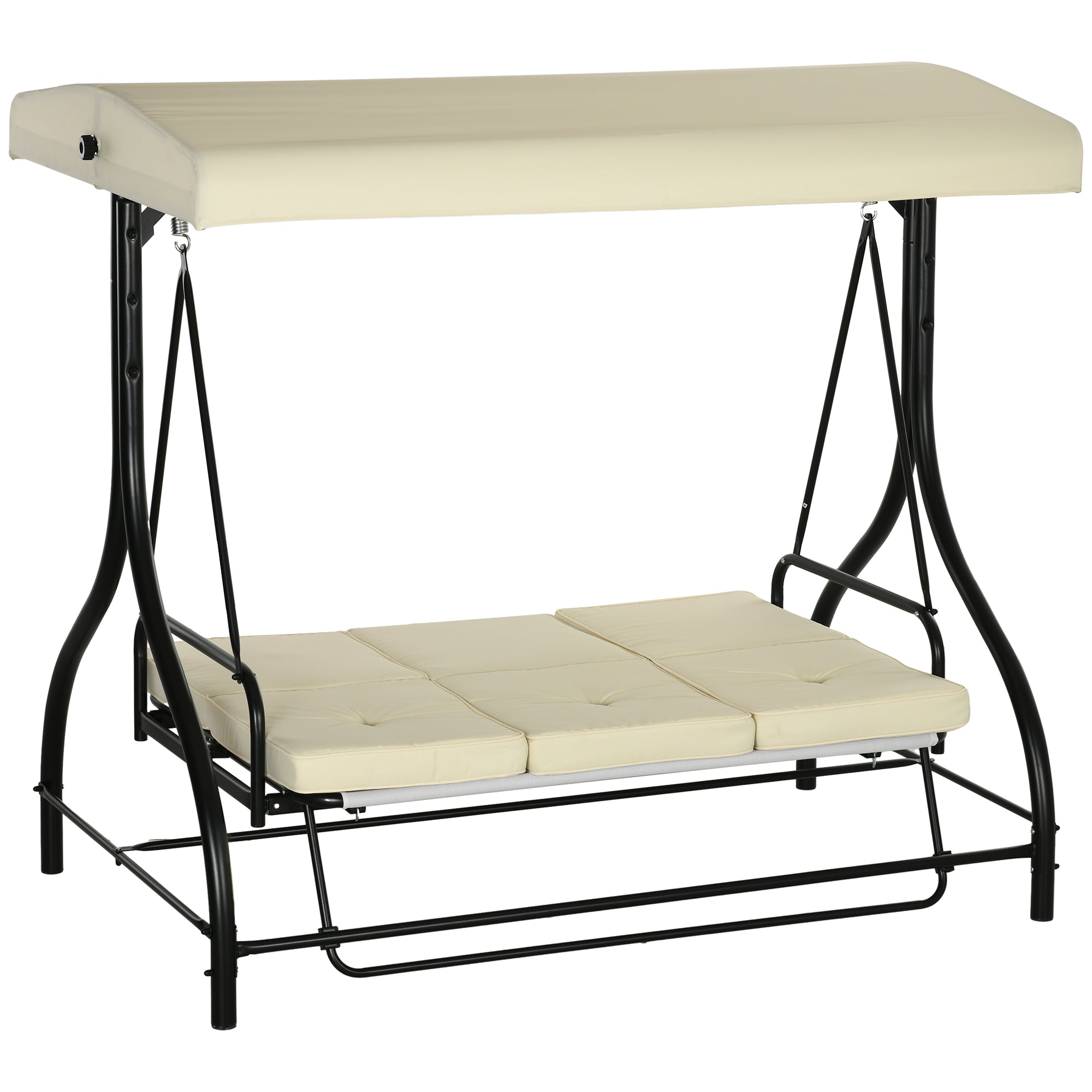 Outsunny 3 Seater Patio Swing Chair Convertible Cushioned Porch Swing Bed Outdoor Swing with Canopy Beige
