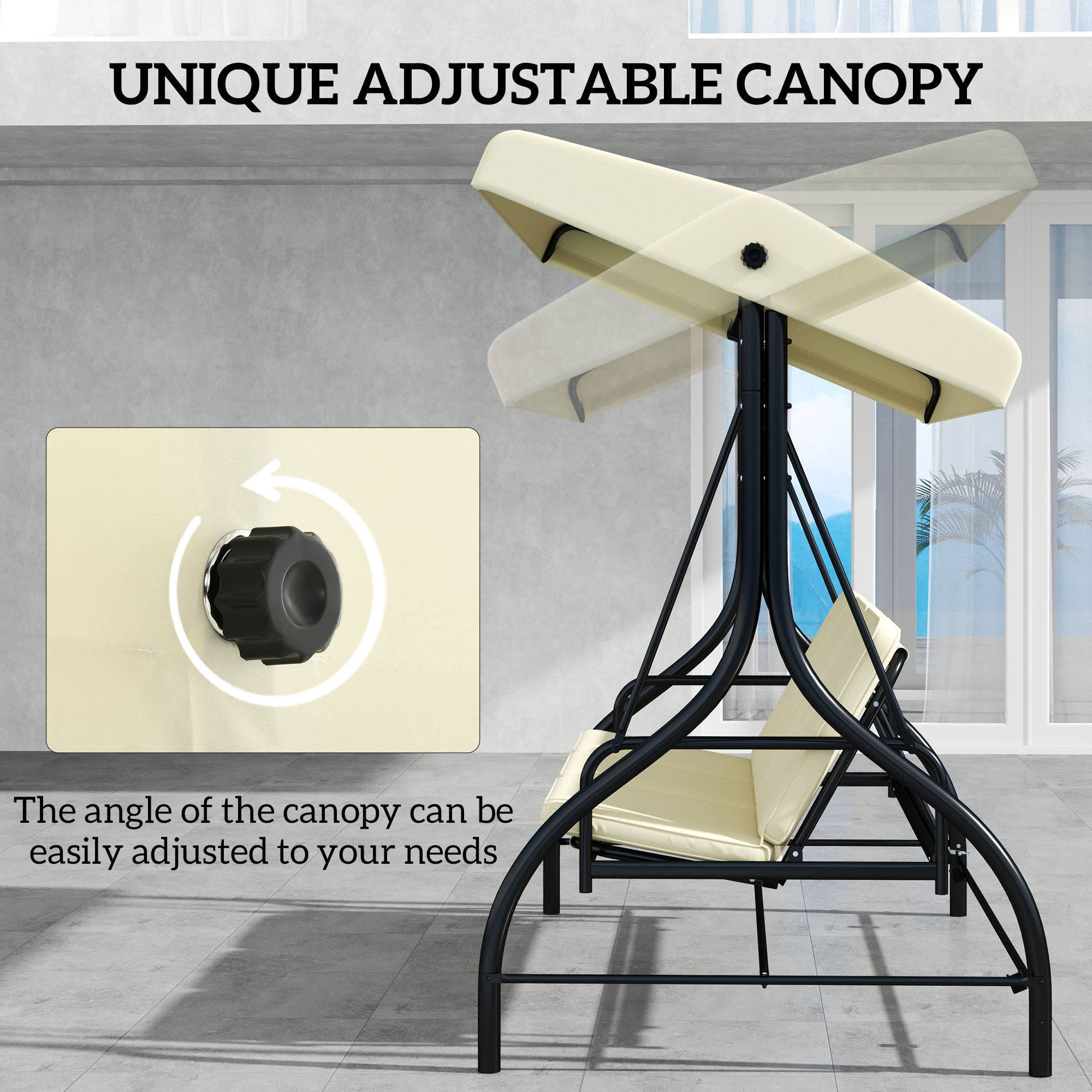 Outsunny 3 Seater Patio Swing Chair Convertible Cushioned Porch Swing Bed Outdoor Swing with Canopy Beige