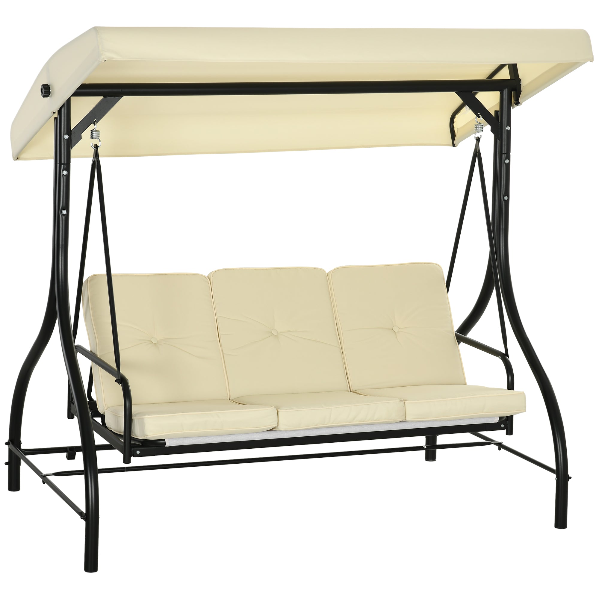 Outsunny 3 Seater Patio Swing Chair Convertible Cushioned Porch Swing Bed Outdoor Swing with Canopy Beige