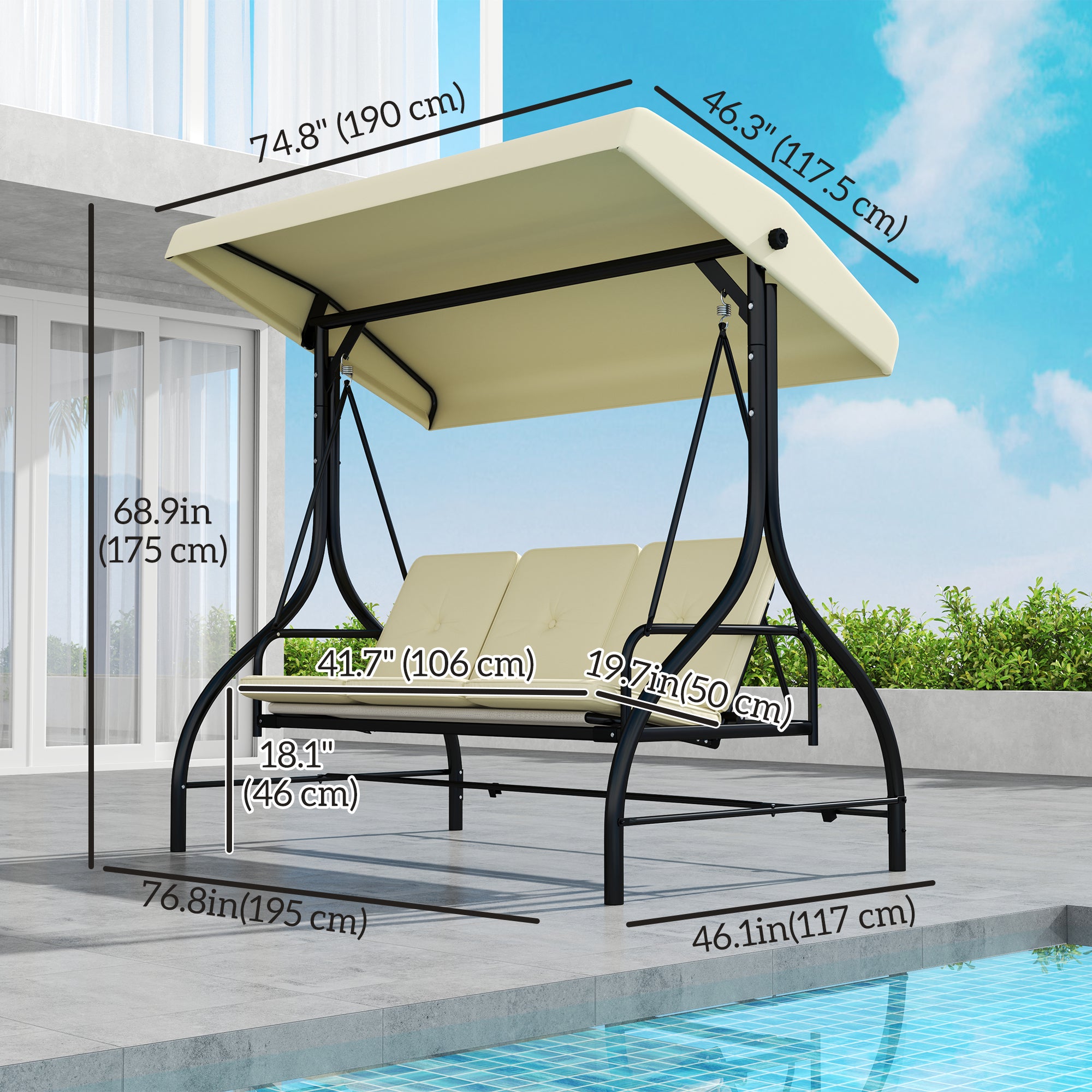 Outsunny 3 Seater Patio Swing Chair Convertible Cushioned Porch Swing Bed Outdoor Swing with Canopy Beige