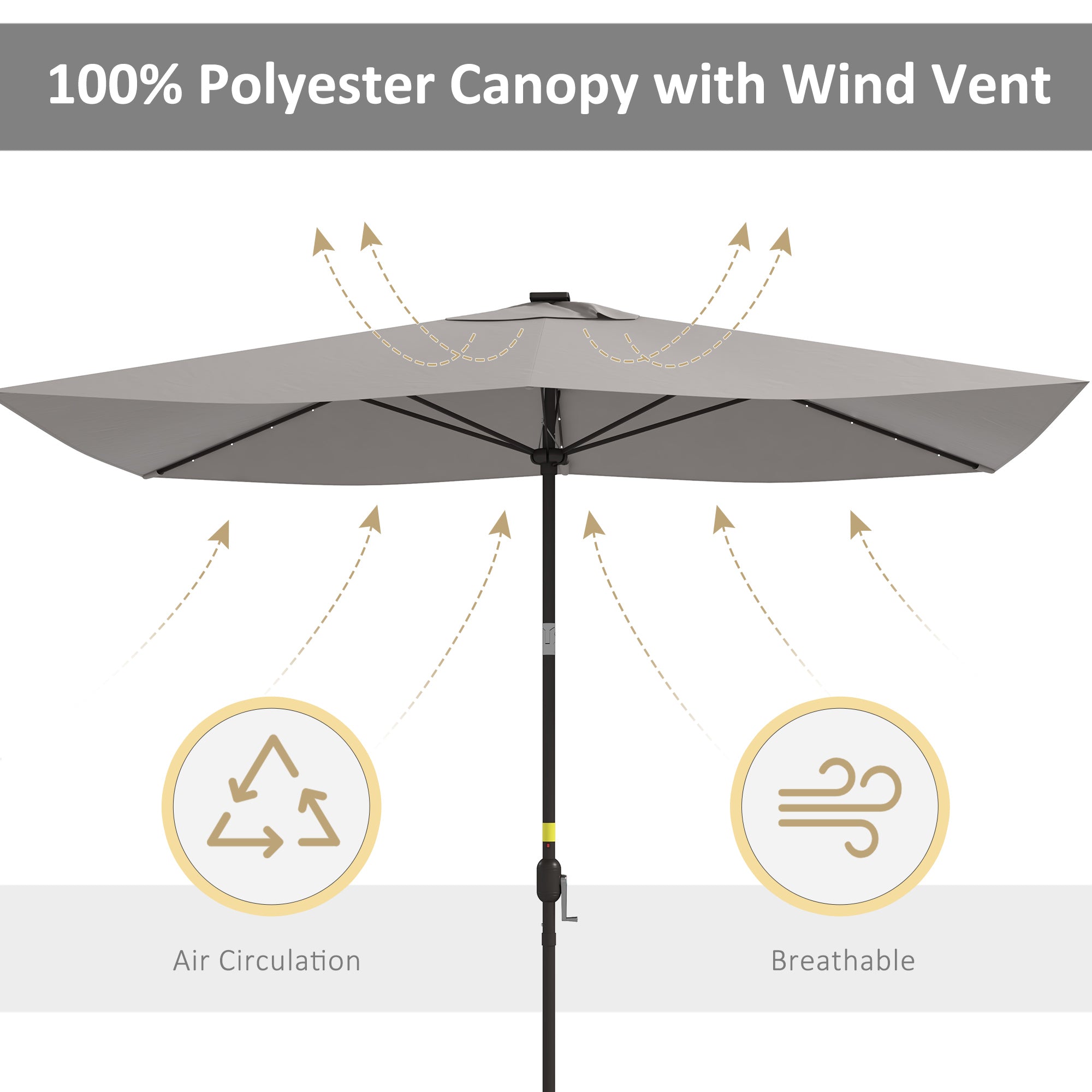 Outsunny 6.5x10ft Patio Umbrella Rectangle Solar Powered Tilt Aluminum Outdoor Market Parasol with LEDs Crank (Light Grey)
