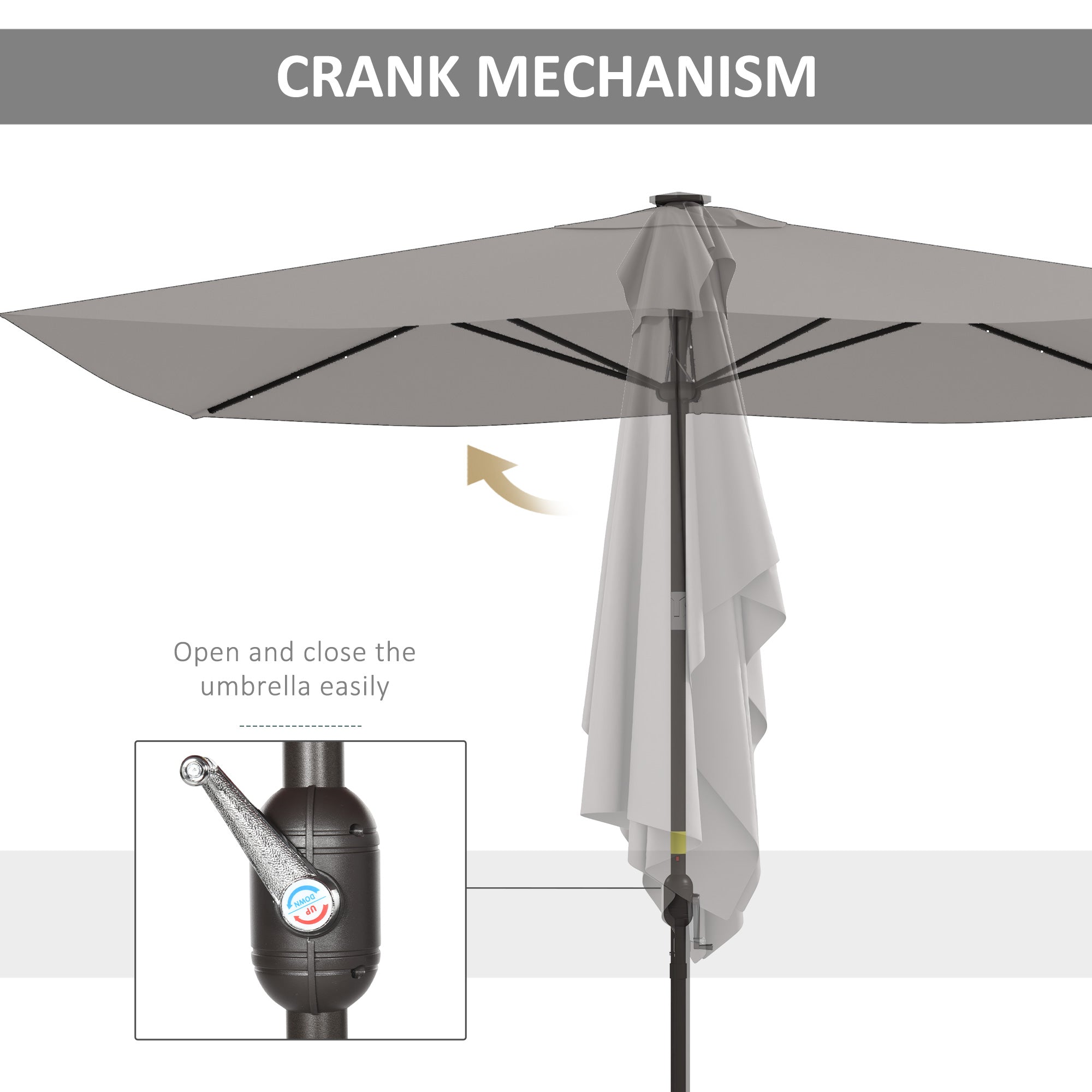 Outsunny 6.5x10ft Patio Umbrella Rectangle Solar Powered Tilt Aluminum Outdoor Market Parasol with LEDs Crank (Light Grey)