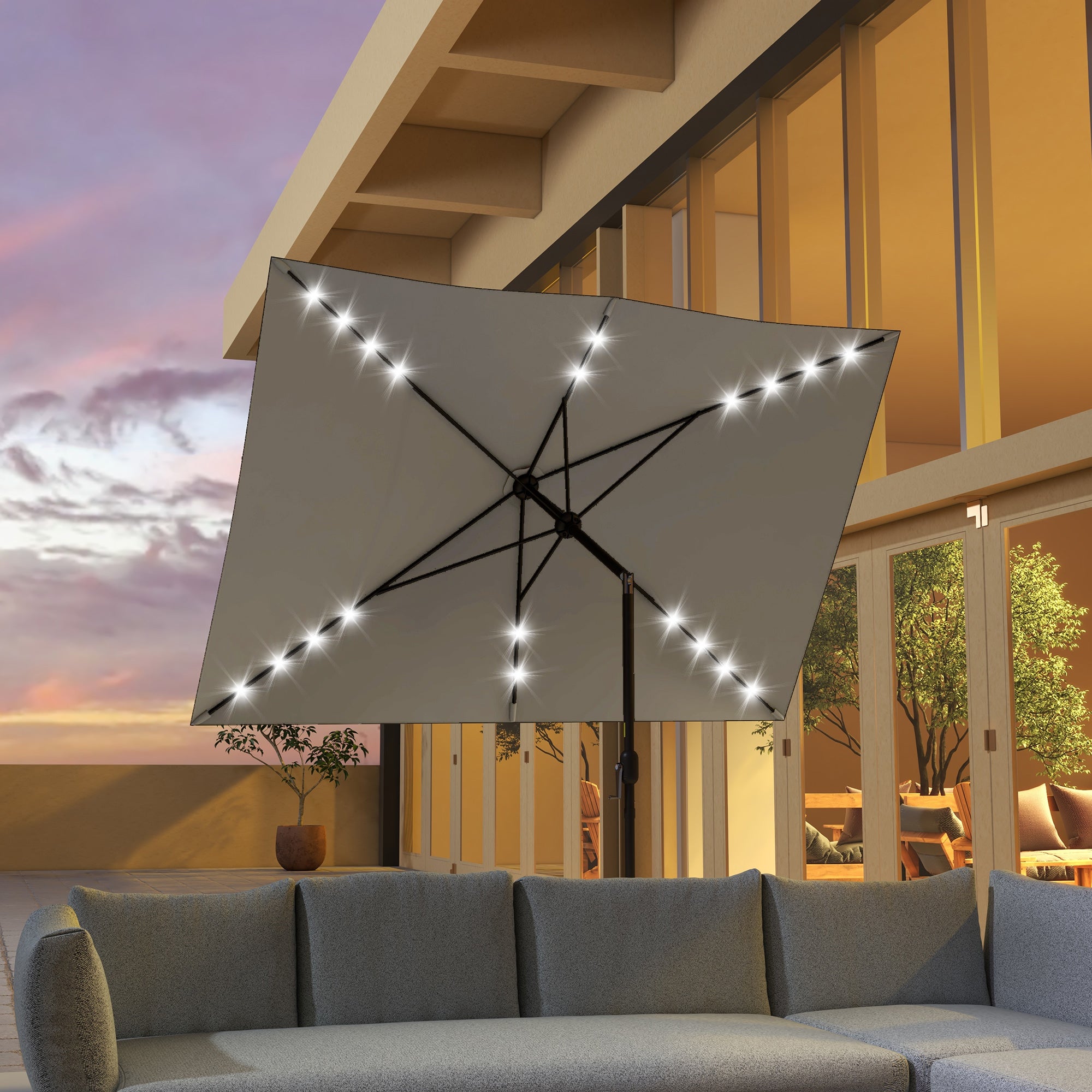 Outsunny 6.5x10ft Patio Umbrella Rectangle Solar Powered Tilt Aluminum Outdoor Market Parasol with LEDs Crank (Light Grey)