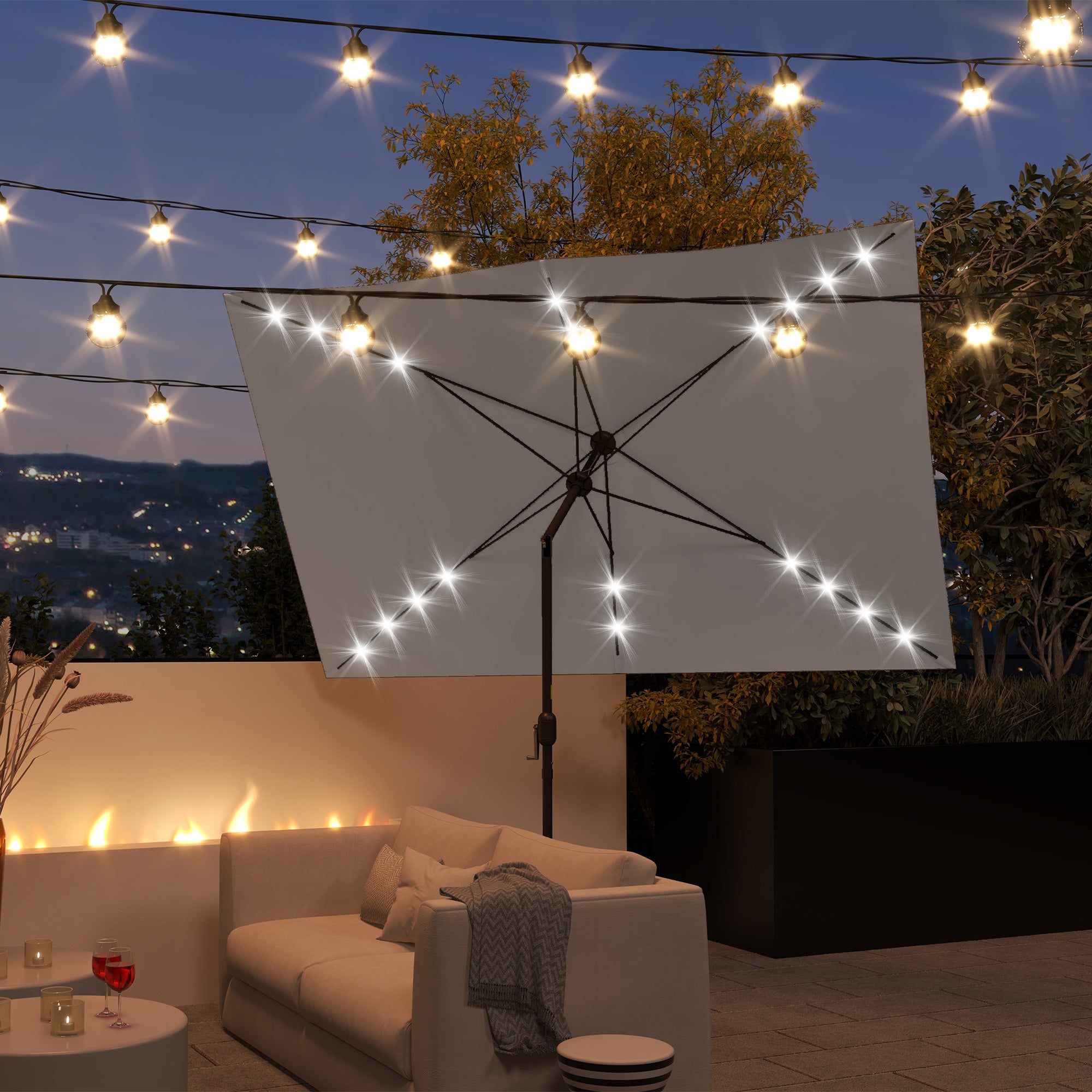 Outsunny 6.5x10ft Patio Umbrella Rectangle Solar Powered Tilt Aluminum Outdoor Market Parasol with LEDs Crank (Light Grey)