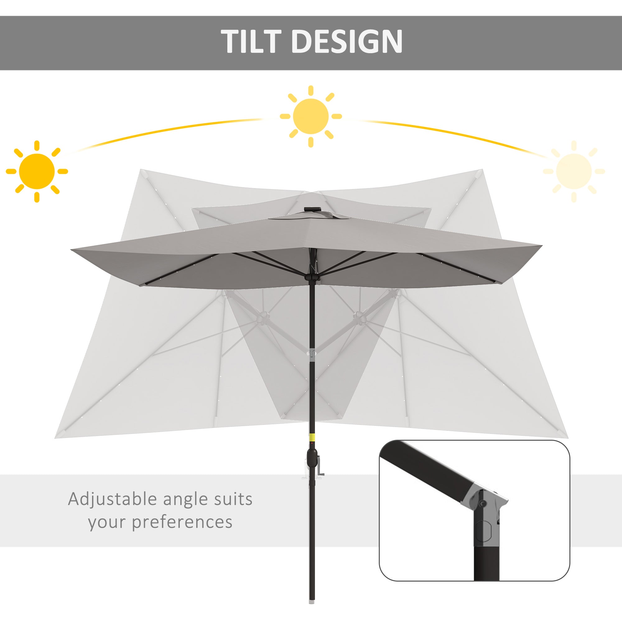 Outsunny 6.5x10ft Patio Umbrella Rectangle Solar Powered Tilt Aluminum Outdoor Market Parasol with LEDs Crank (Light Grey)