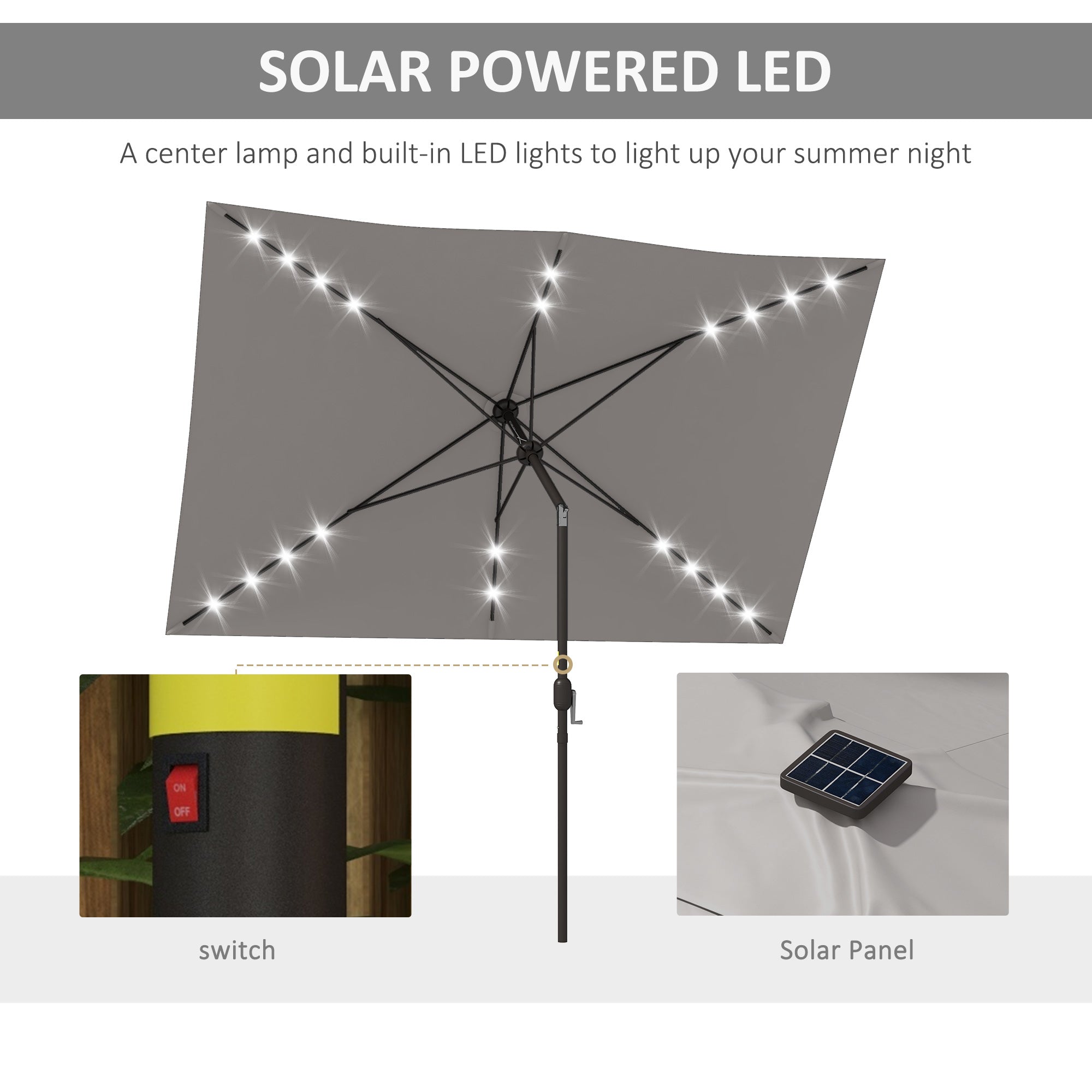 Outsunny 6.5x10ft Patio Umbrella Rectangle Solar Powered Tilt Aluminum Outdoor Market Parasol with LEDs Crank (Light Grey)