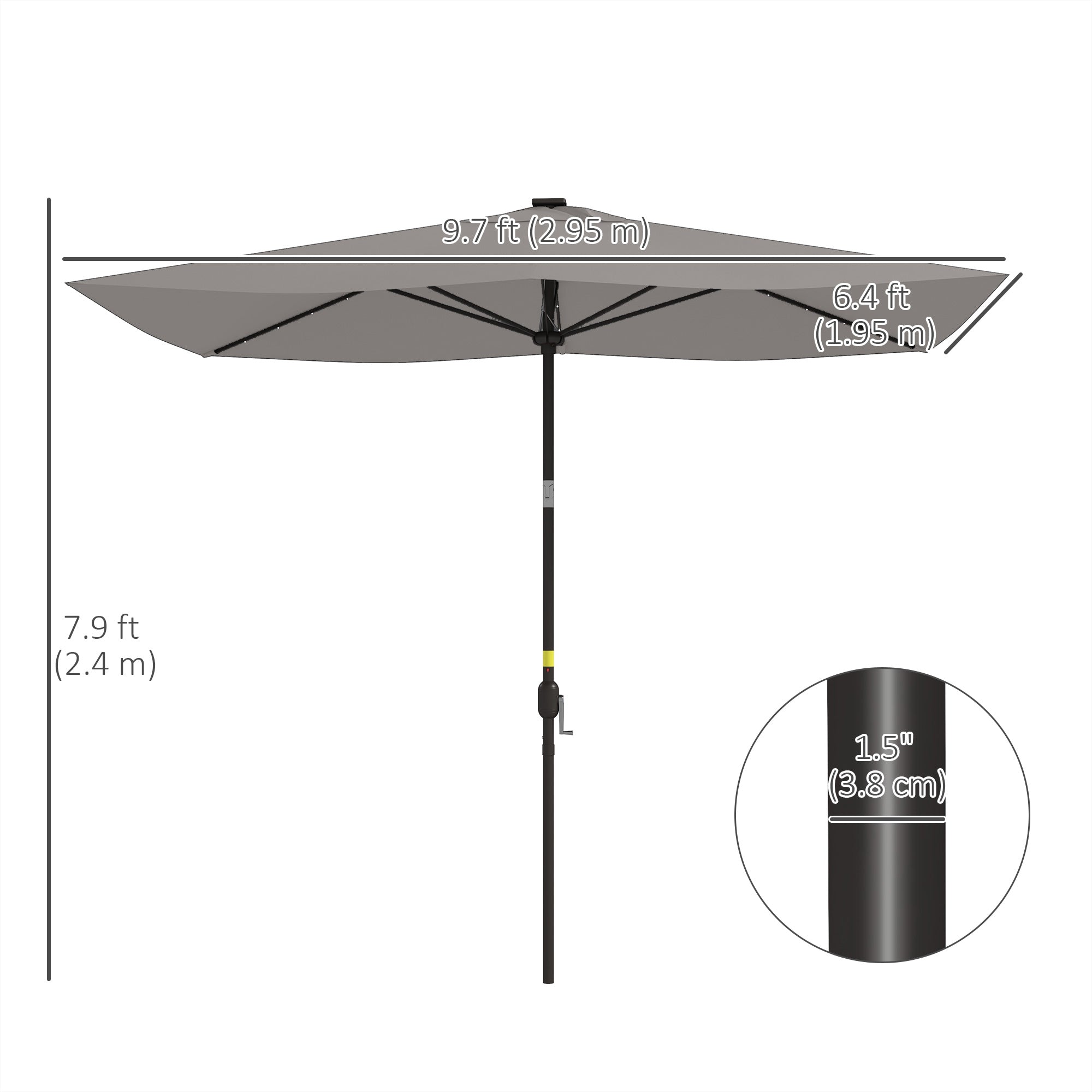 Outsunny 6.5x10ft Patio Umbrella Rectangle Solar Powered Tilt Aluminum Outdoor Market Parasol with LEDs Crank (Light Grey)