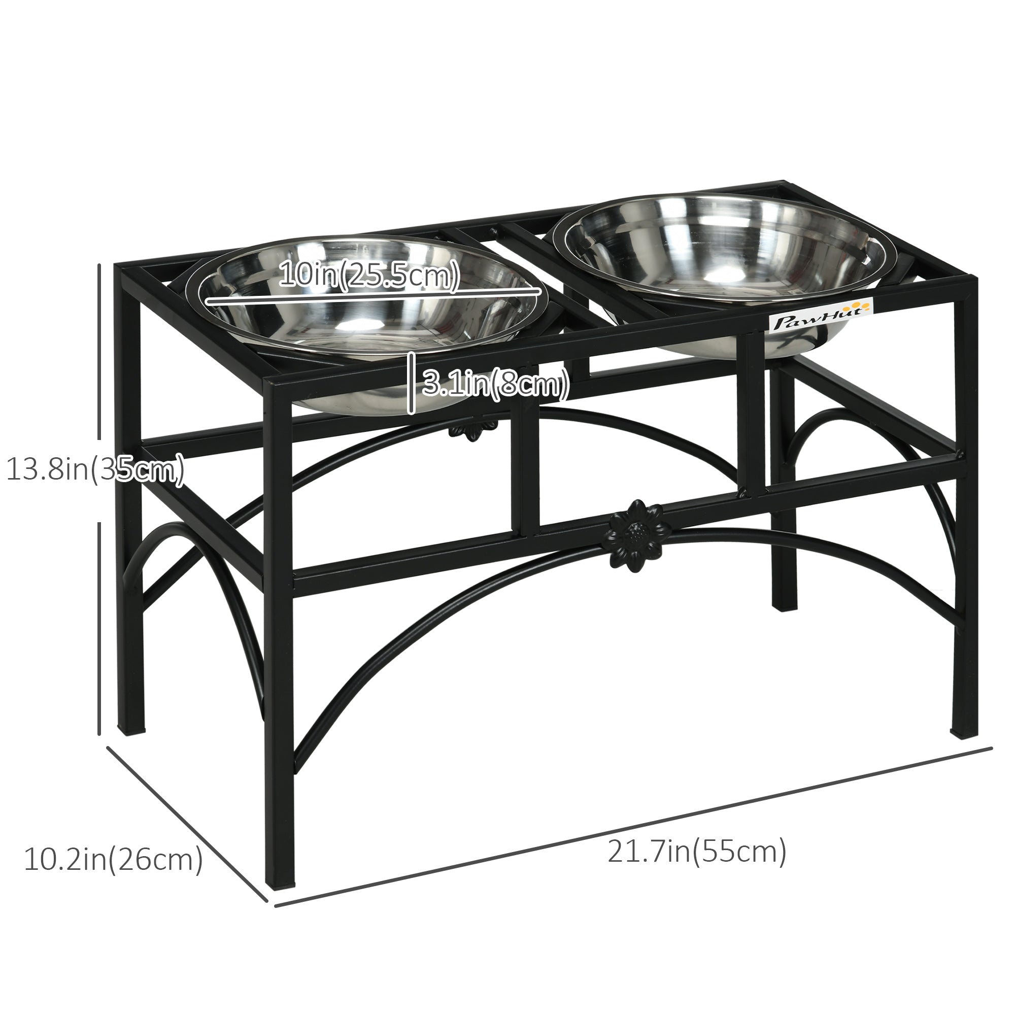 PawHut Feeding Station with Sleek and Heavy-Duty Materials, Dog Food Stand for Medium Sized Dogs, Stainless Steel Elevated Dog Bowls Built to Stay Put in Frame, Black
