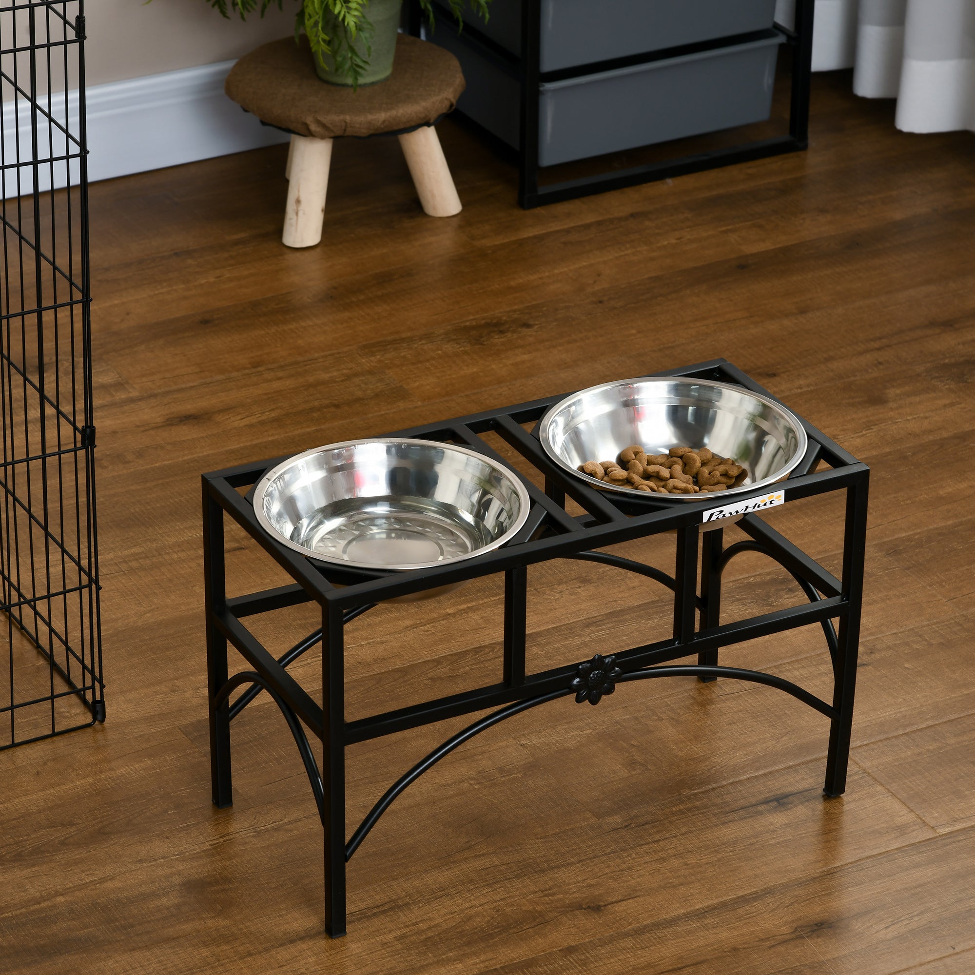 PawHut Feeding Station with Sleek and Heavy-Duty Materials, Dog Food Stand for Medium Sized Dogs, Stainless Steel Elevated Dog Bowls Built to Stay Put in Frame, Black