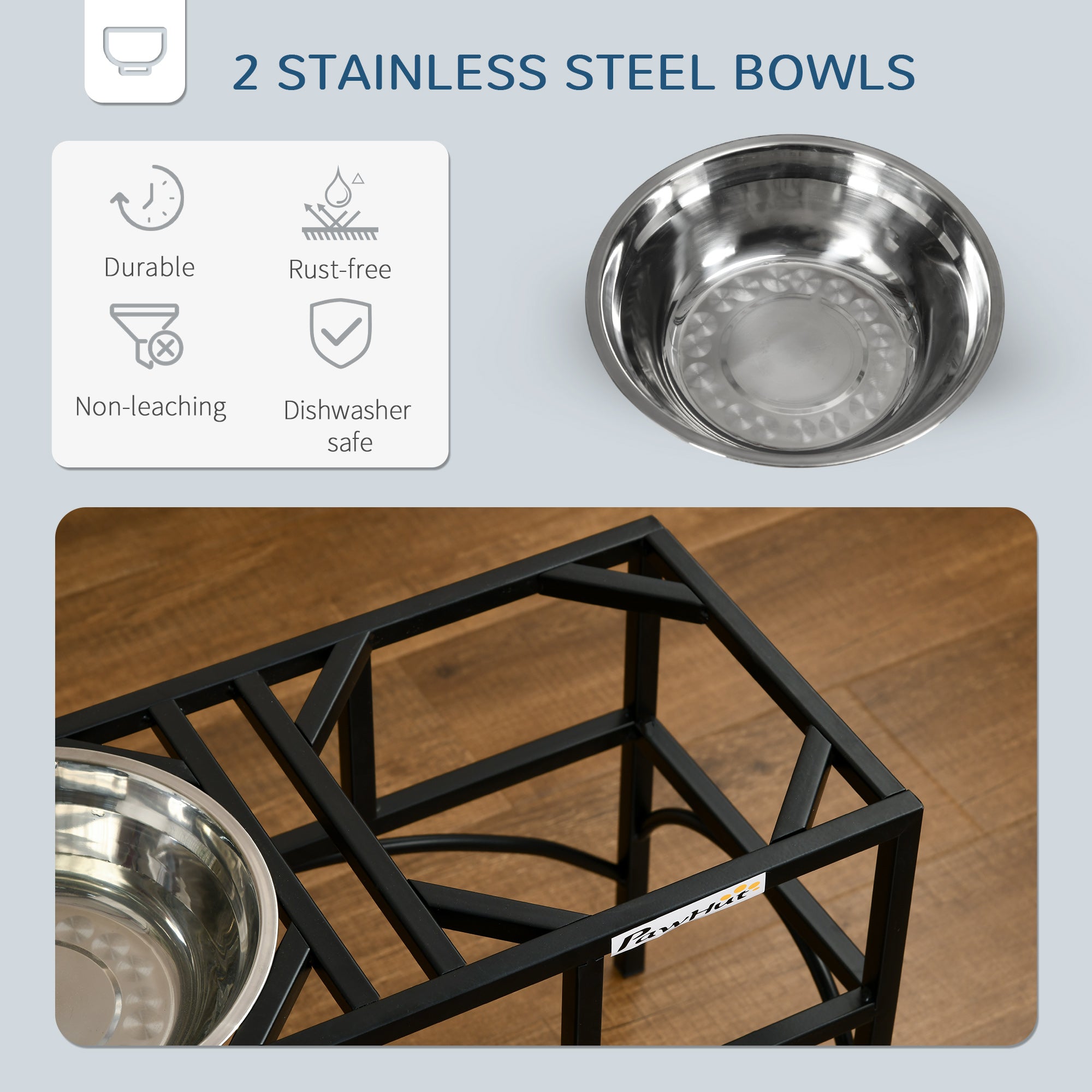 PawHut Feeding Station with Sleek and Heavy-Duty Materials, Dog Food Stand for Medium Sized Dogs, Stainless Steel Elevated Dog Bowls Built to Stay Put in Frame, Black