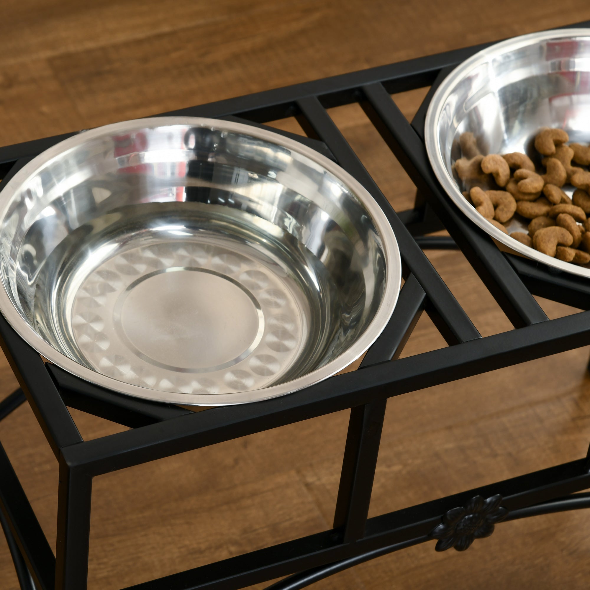 PawHut Feeding Station with Sleek and Heavy-Duty Materials, Dog Food Stand for Medium Sized Dogs, Stainless Steel Elevated Dog Bowls Built to Stay Put in Frame, Black