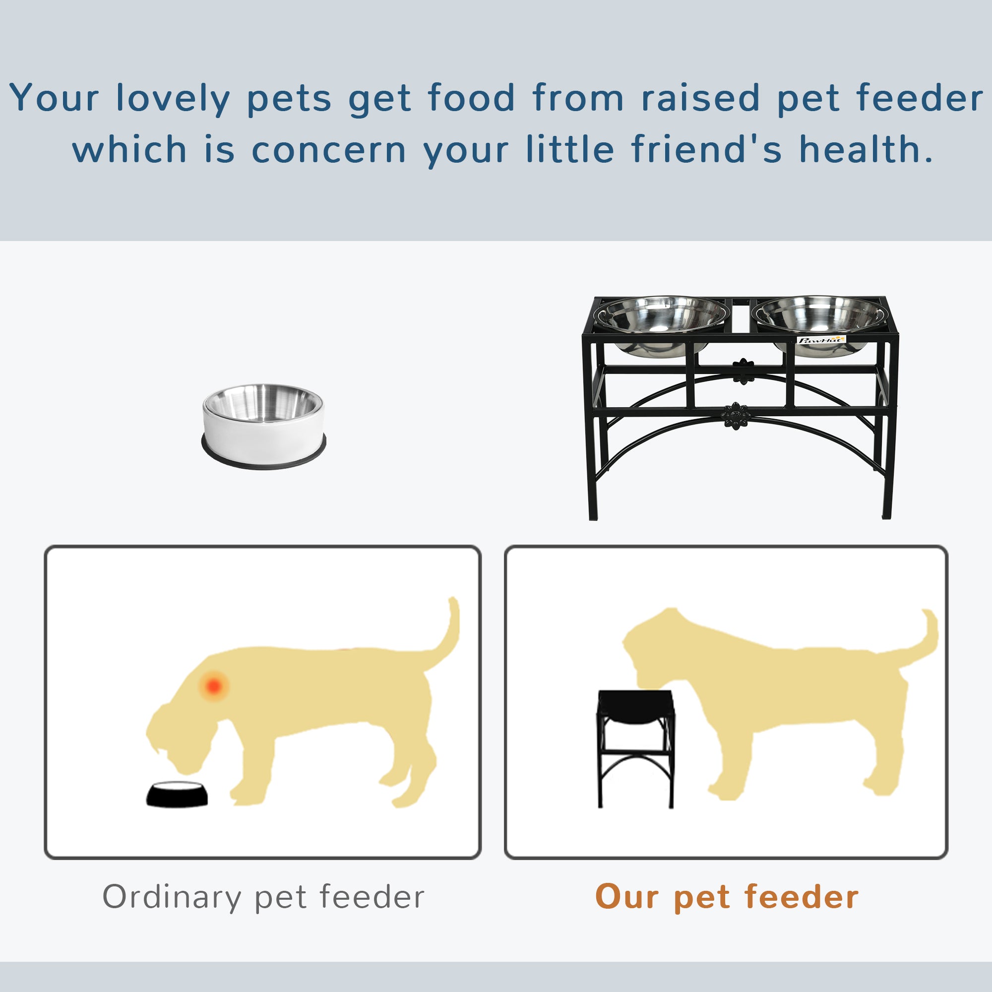 PawHut Feeding Station with Sleek and Heavy-Duty Materials, Dog Food Stand for Medium Sized Dogs, Stainless Steel Elevated Dog Bowls Built to Stay Put in Frame, Black