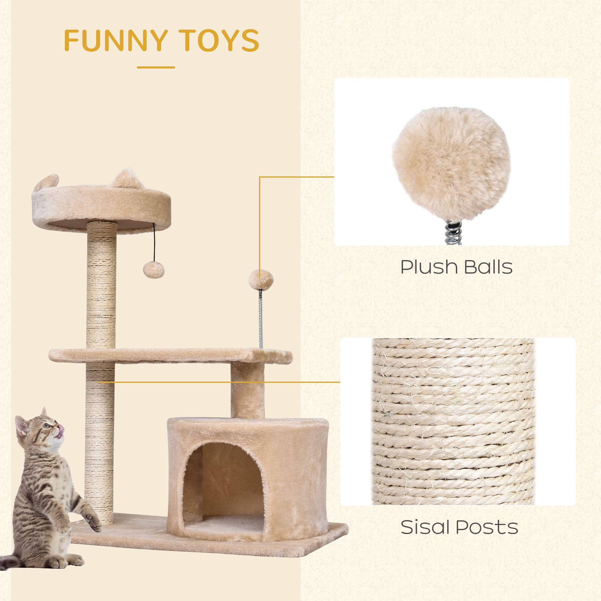 PawHut Multi Level Cat Tree for Indoor Cats with Scratching Post Bed Condo Perch, Kitten Climbing Tower, Beige 60L x 40W x 81H cm