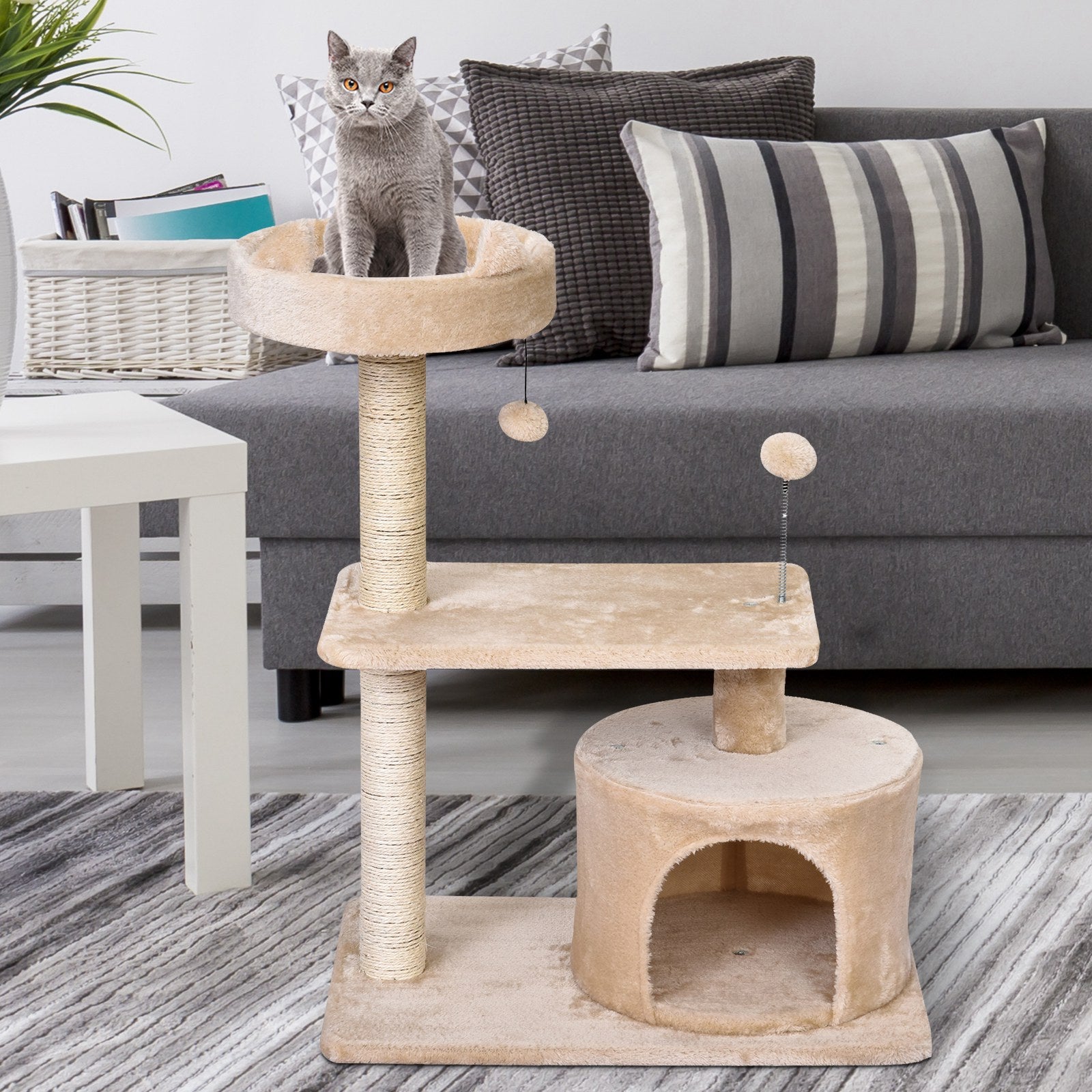 PawHut Multi Level Cat Tree for Indoor Cats with Scratching Post Bed Condo Perch, Kitten Climbing Tower, Beige 60L x 40W x 81H cm