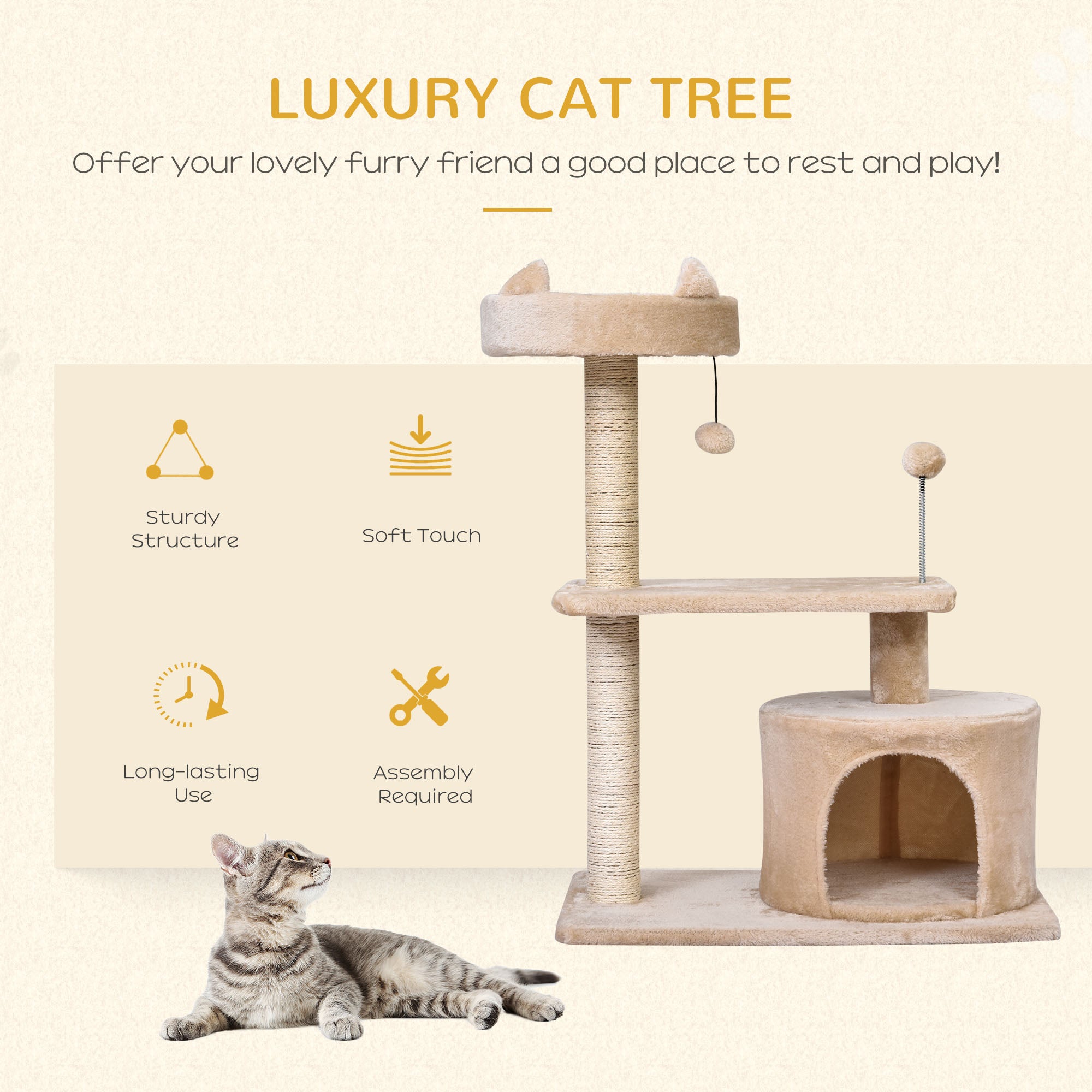PawHut Multi Level Cat Tree for Indoor Cats with Scratching Post Bed Condo Perch, Kitten Climbing Tower, Beige 60L x 40W x 81H cm