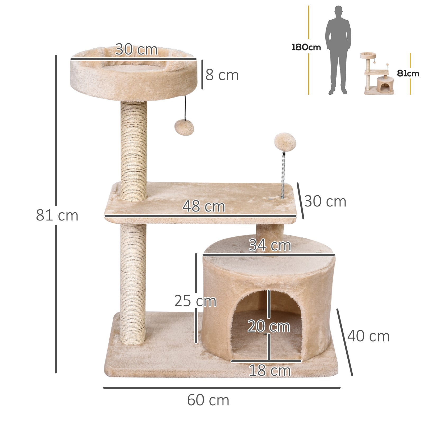 PawHut Multi Level Cat Tree for Indoor Cats with Scratching Post Bed Condo Perch, Kitten Climbing Tower, Beige 60L x 40W x 81H cm