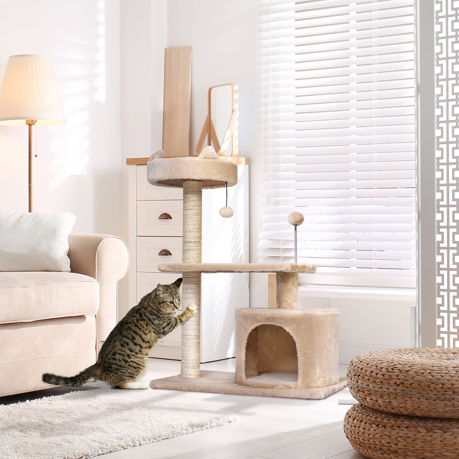 PawHut Multi Level Cat Tree for Indoor Cats with Scratching Post Bed Condo Perch, Kitten Climbing Tower, Beige 60L x 40W x 81H cm