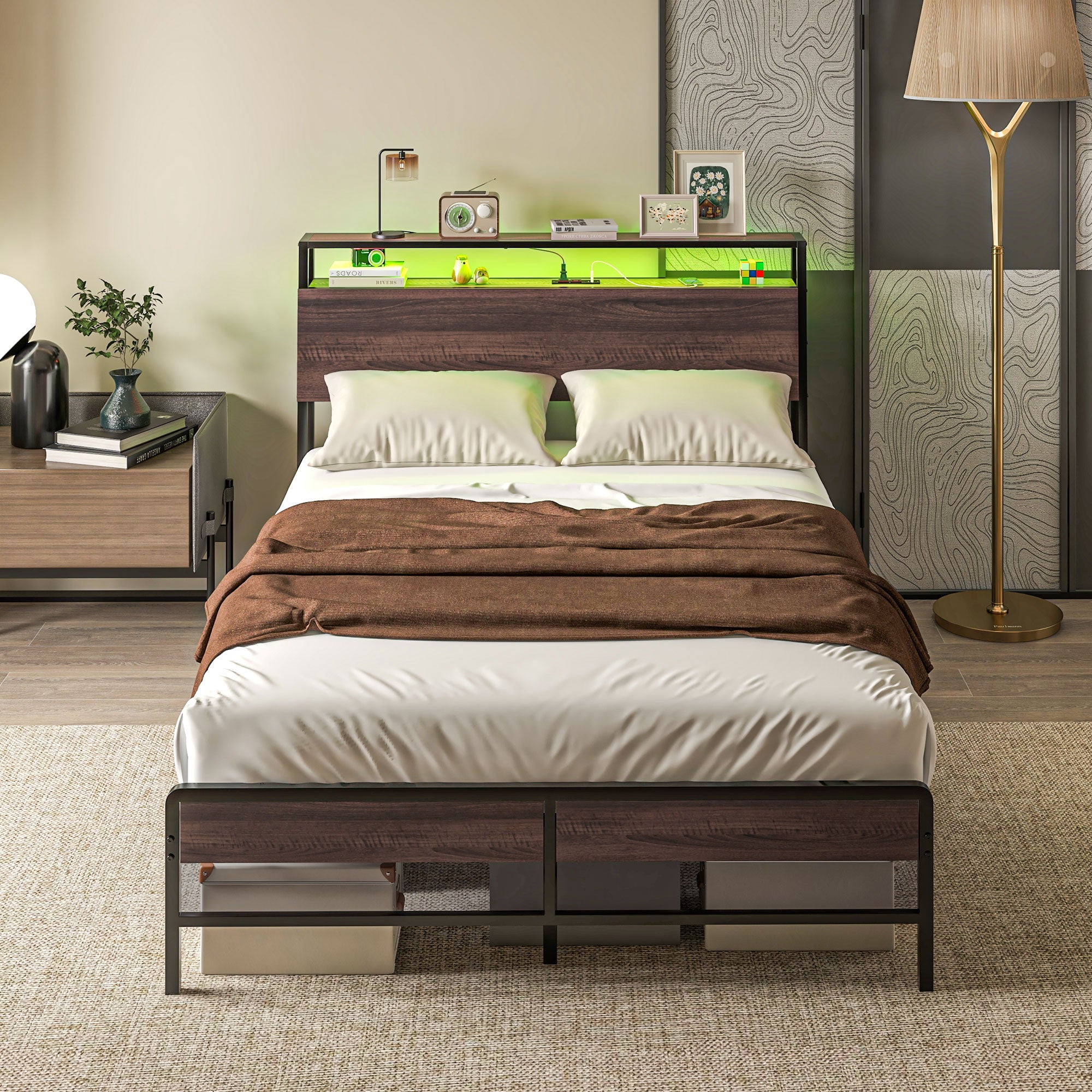 HOMCOM Full Bed Frame with Storage, Platform Bed Frame with Headboard, LED Lights, Charging Station, Steel Slats, Noise Free and Easy Assembly, No Box Spring Needed, Walnut