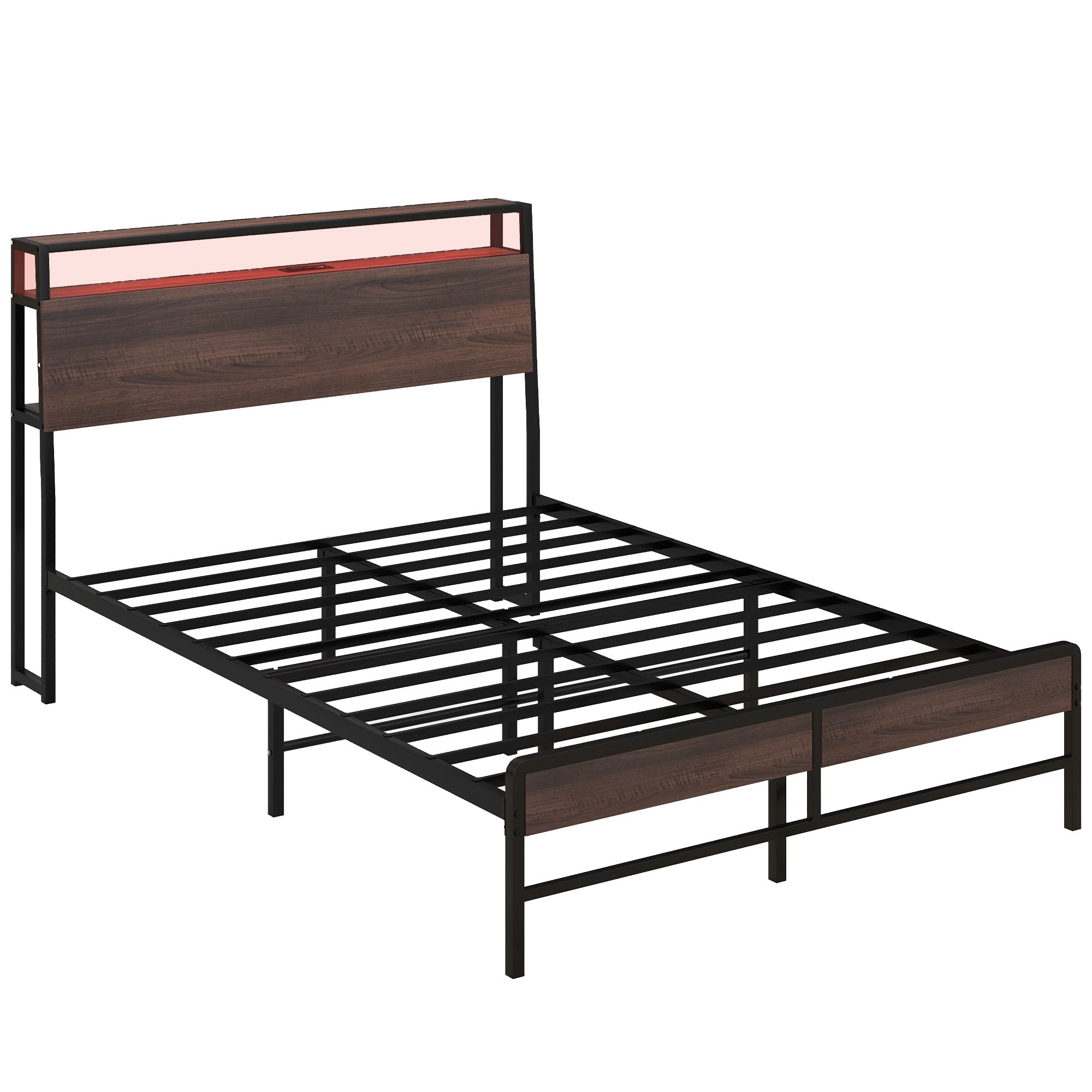 HOMCOM Full Bed Frame with Storage, Platform Bed Frame with Headboard, LED Lights, Charging Station, Steel Slats, Noise Free and Easy Assembly, No Box Spring Needed, Walnut