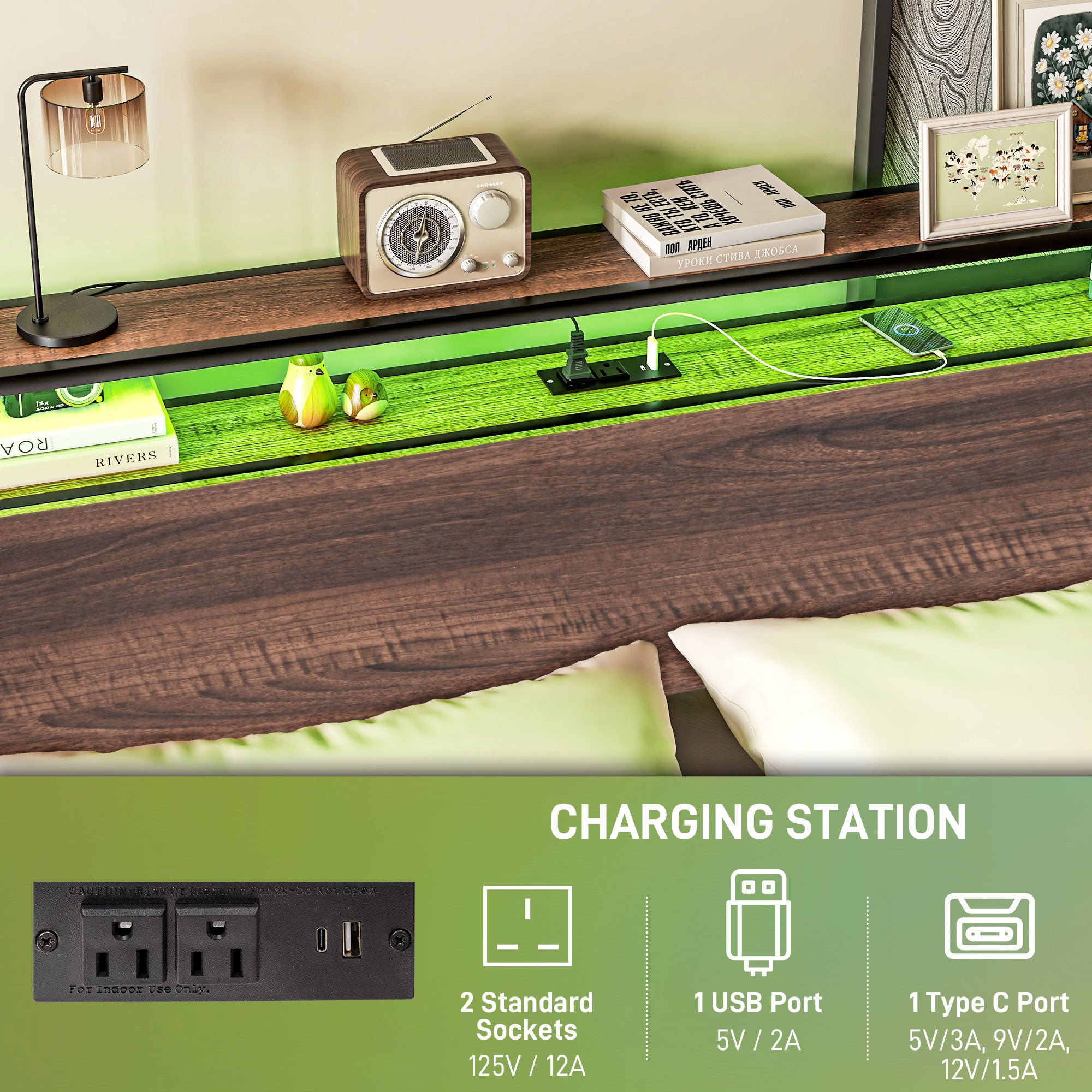 HOMCOM Full Bed Frame with Storage, Platform Bed Frame with Headboard, LED Lights, Charging Station, Steel Slats, Noise Free and Easy Assembly, No Box Spring Needed, Walnut