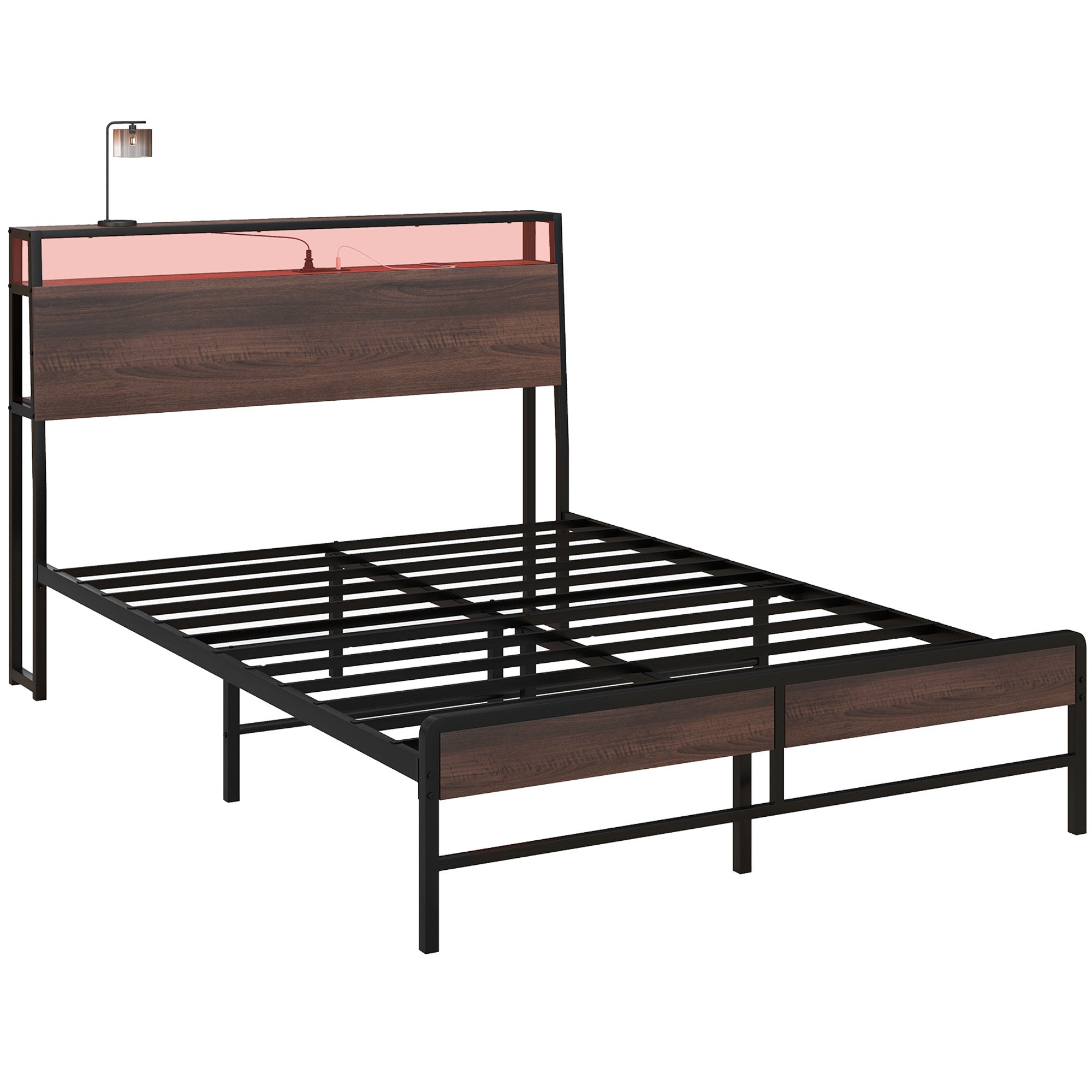 HOMCOM Full Bed Frame with Storage, Platform Bed Frame with Headboard, LED Lights, Charging Station, Steel Slats, Noise Free and Easy Assembly, No Box Spring Needed, Walnut
