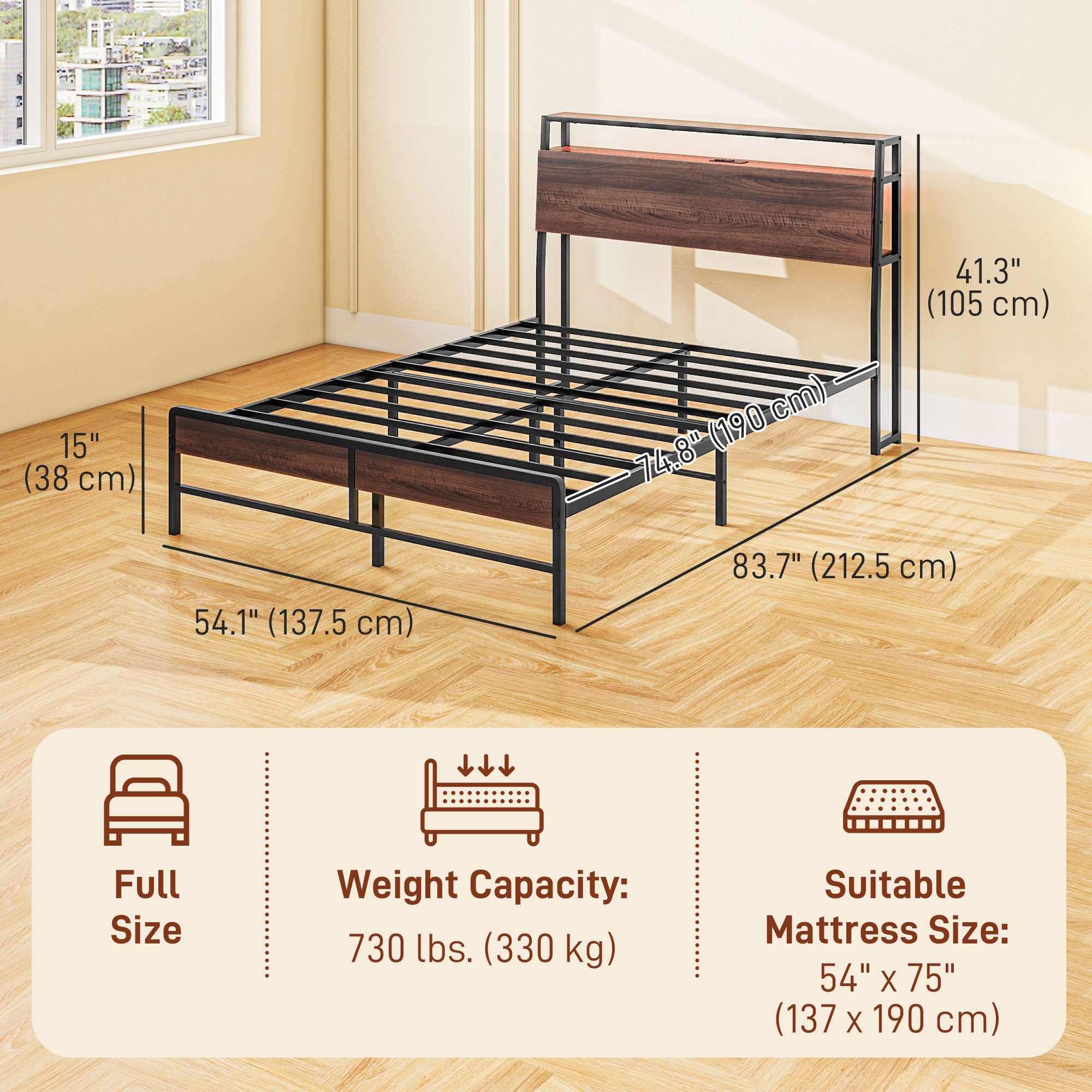 HOMCOM Full Bed Frame with Storage, Platform Bed Frame with Headboard, LED Lights, Charging Station, Steel Slats, Noise Free and Easy Assembly, No Box Spring Needed, Walnut