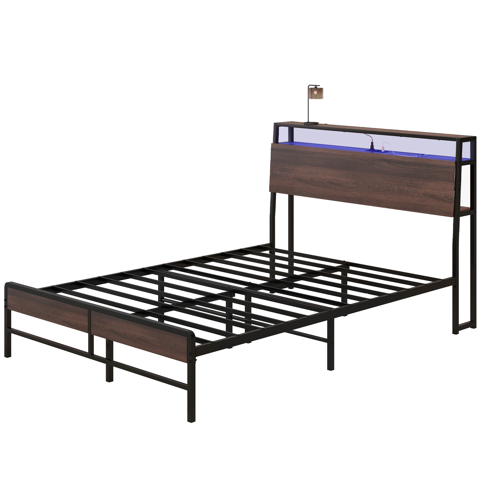 HOMCOM Full Bed Frame with Storage, Platform Bed Frame with Headboard, LED Lights, Charging Station, Steel Slats, Noise Free and Easy Assembly, No Box Spring Needed, Walnut