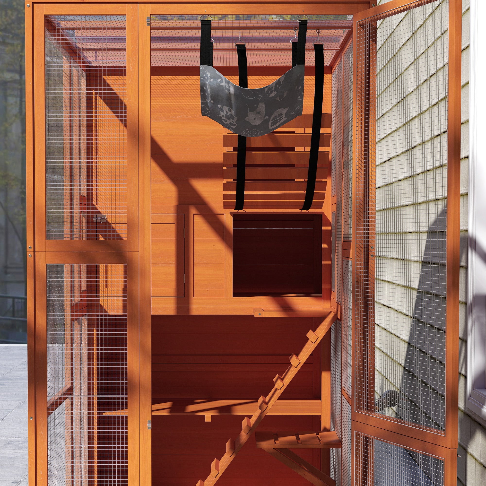 PawHut Catio Outdoor Cat Enclosure, 76" L Large Weatherproof Cat House with Cat Condo, Jumping Platforms, Ladder, Ramps, Hammock for 2-3 Indoor Cats, Orange