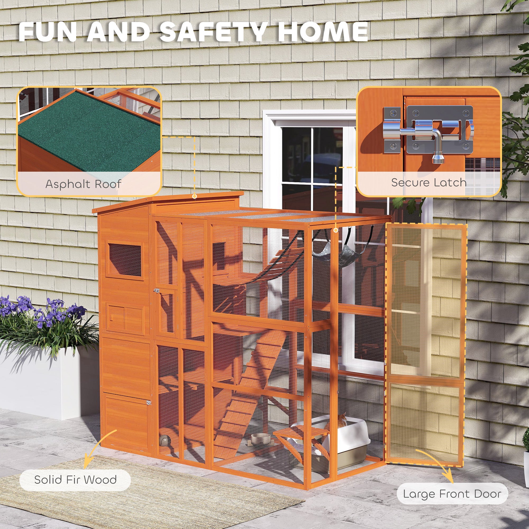 PawHut Catio Outdoor Cat Enclosure, 76" L Large Weatherproof Cat House with Cat Condo, Jumping Platforms, Ladder, Ramps, Hammock for 2-3 Indoor Cats, Orange