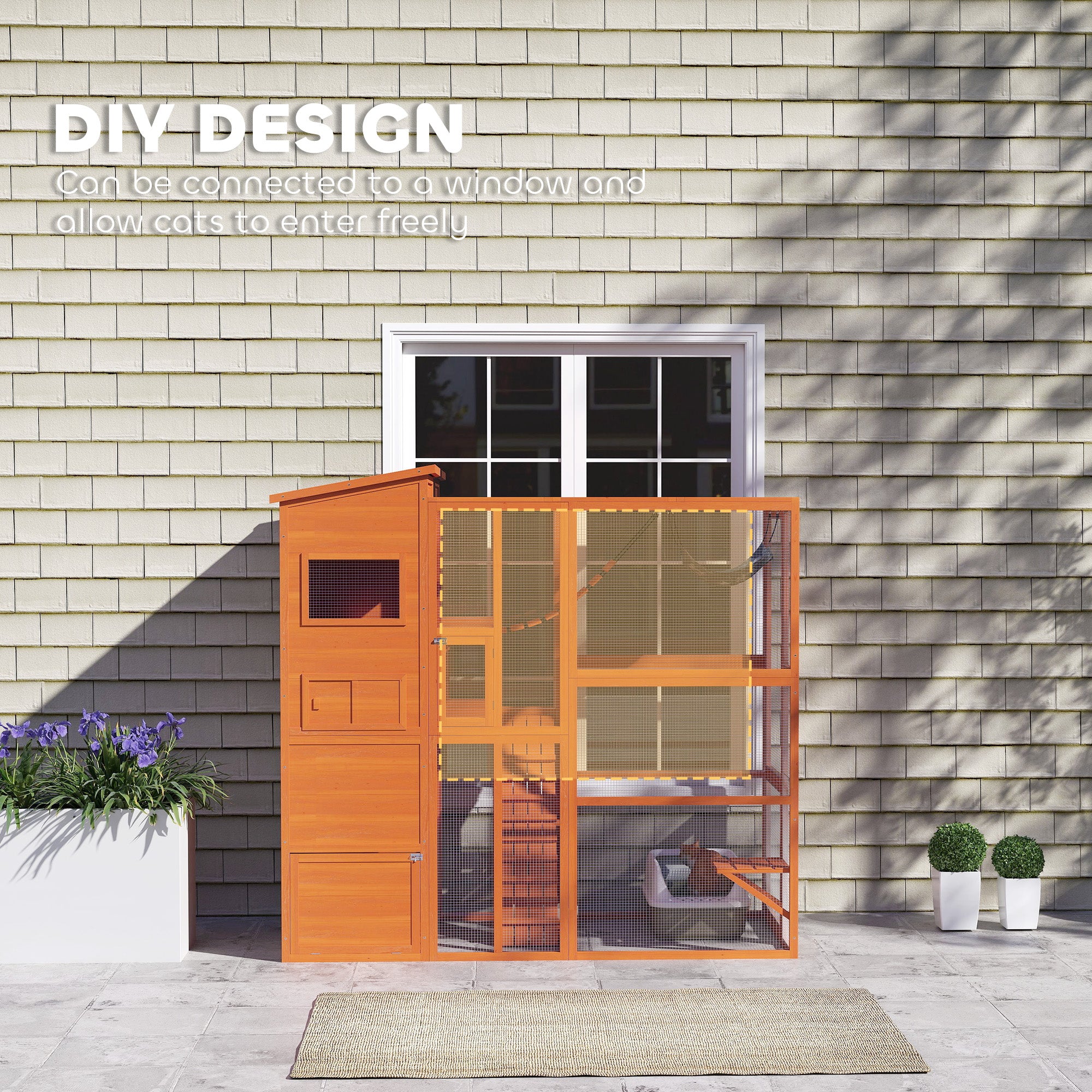 PawHut Catio Outdoor Cat Enclosure, 76" L Large Weatherproof Cat House with Cat Condo, Jumping Platforms, Ladder, Ramps, Hammock for 2-3 Indoor Cats, Orange