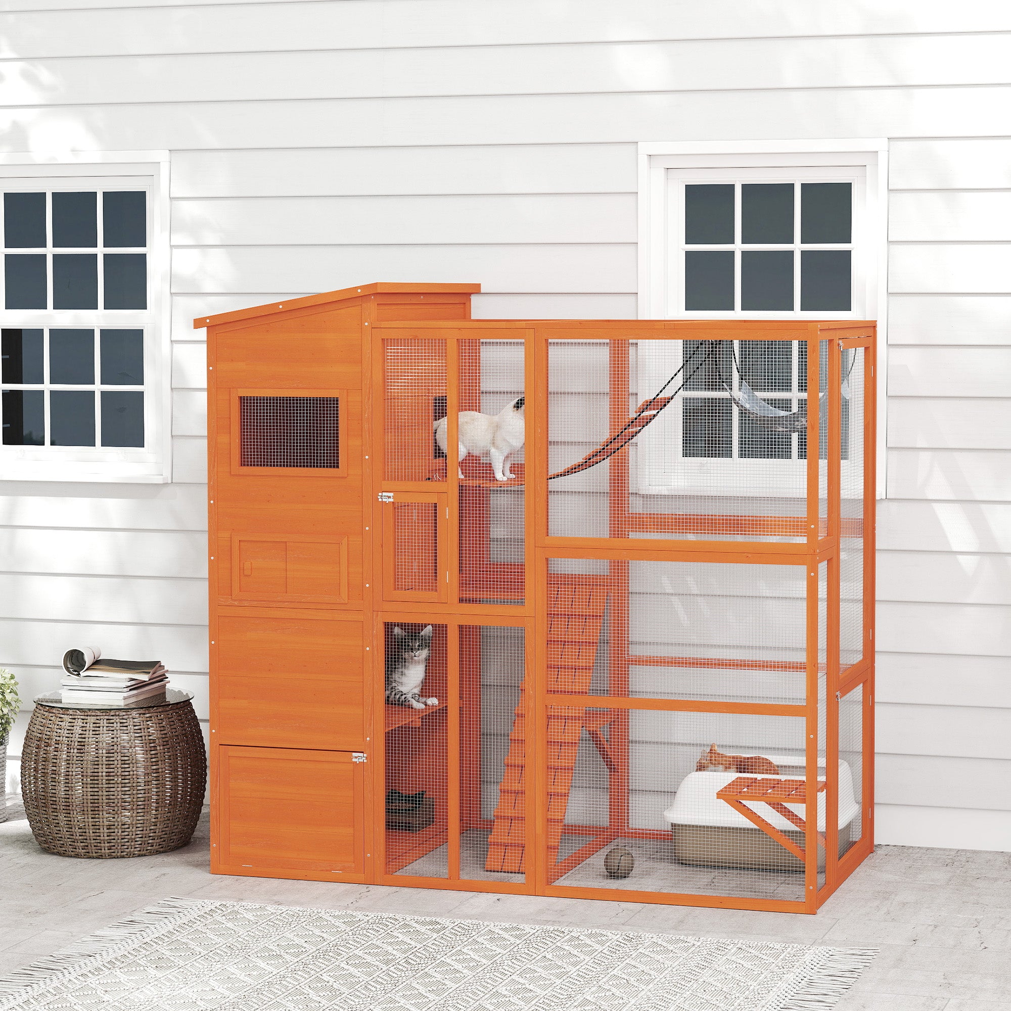 PawHut Catio Outdoor Cat Enclosure, 76" L Large Weatherproof Cat House with Cat Condo, Jumping Platforms, Ladder, Ramps, Hammock for 2-3 Indoor Cats, Orange