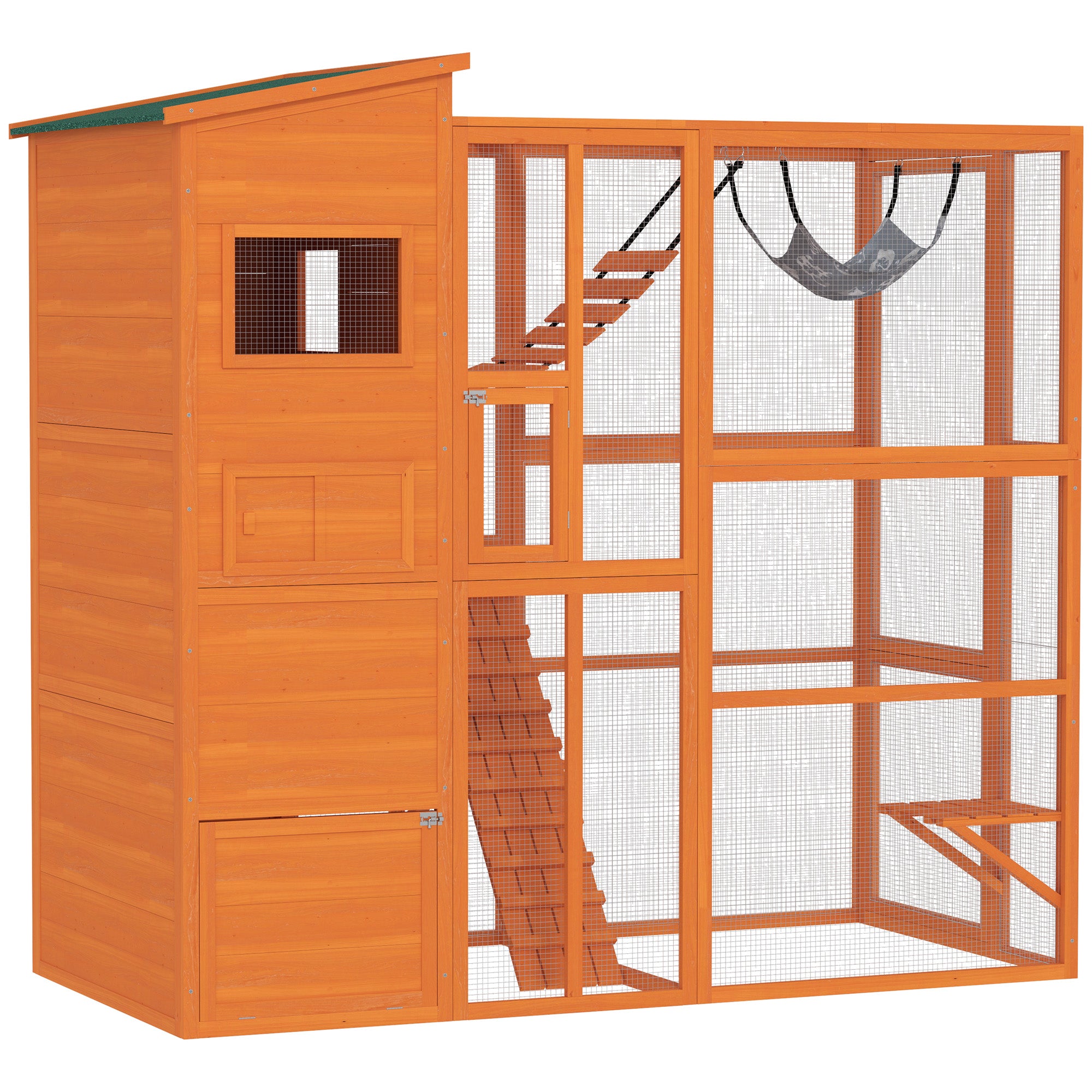 PawHut Catio Outdoor Cat Enclosure, 76" L Large Weatherproof Cat House with Cat Condo, Jumping Platforms, Ladder, Ramps, Hammock for 2-3 Indoor Cats, Orange