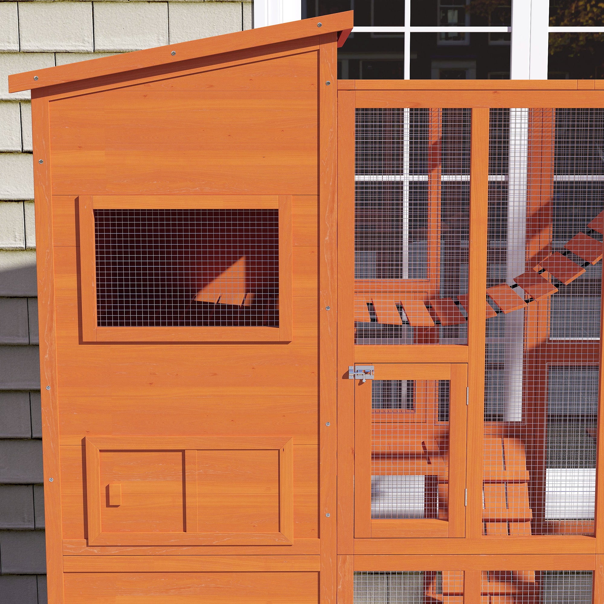 PawHut Catio Outdoor Cat Enclosure, 76" L Large Weatherproof Cat House with Cat Condo, Jumping Platforms, Ladder, Ramps, Hammock for 2-3 Indoor Cats, Orange