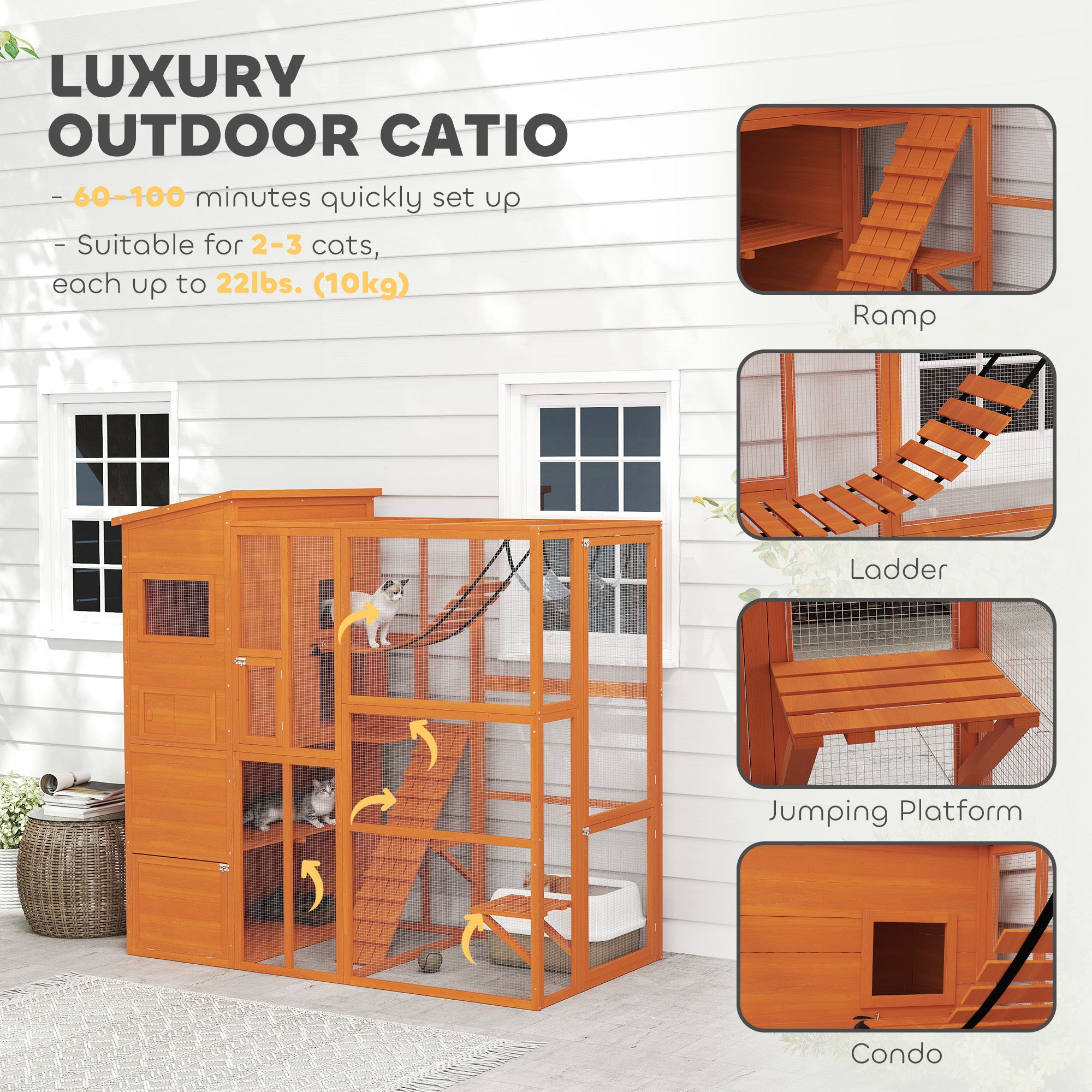 PawHut Catio Outdoor Cat Enclosure, 76" L Large Weatherproof Cat House with Cat Condo, Jumping Platforms, Ladder, Ramps, Hammock for 2-3 Indoor Cats, Orange