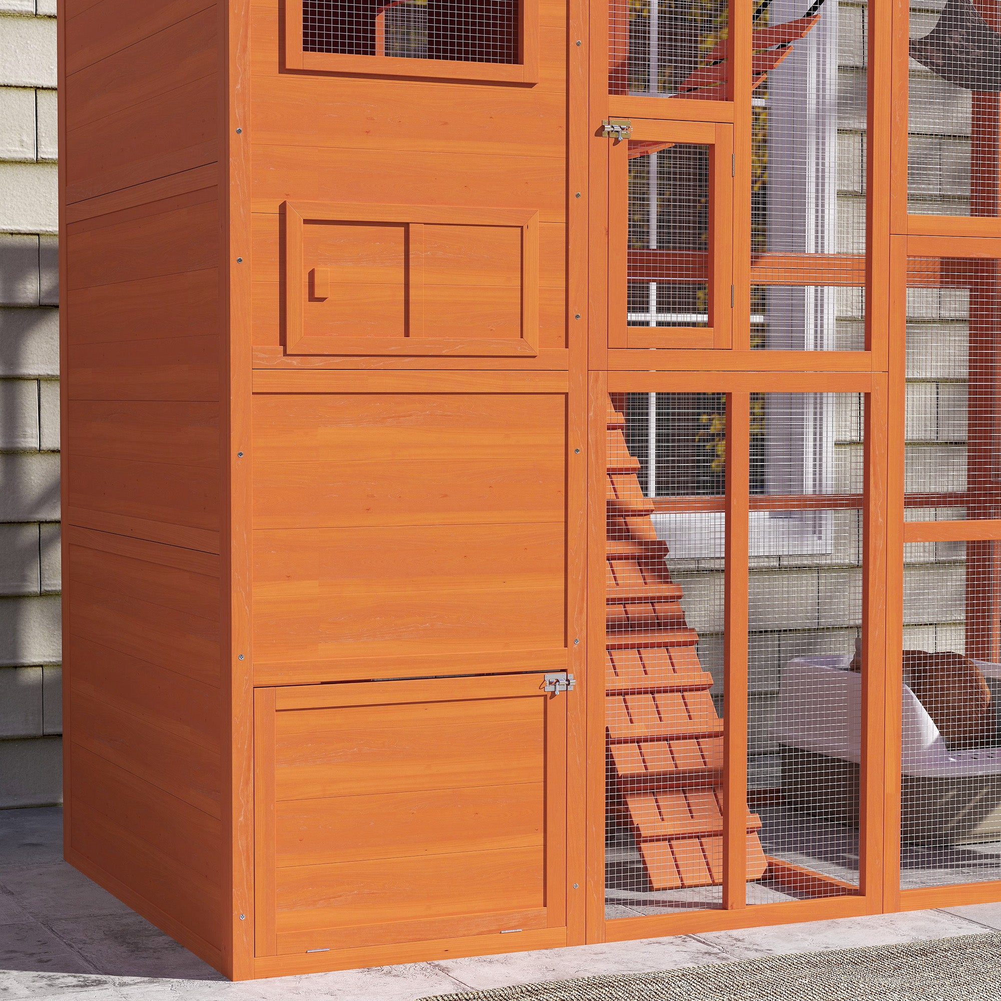 PawHut Catio Outdoor Cat Enclosure, 76" L Large Weatherproof Cat House with Cat Condo, Jumping Platforms, Ladder, Ramps, Hammock for 2-3 Indoor Cats, Orange