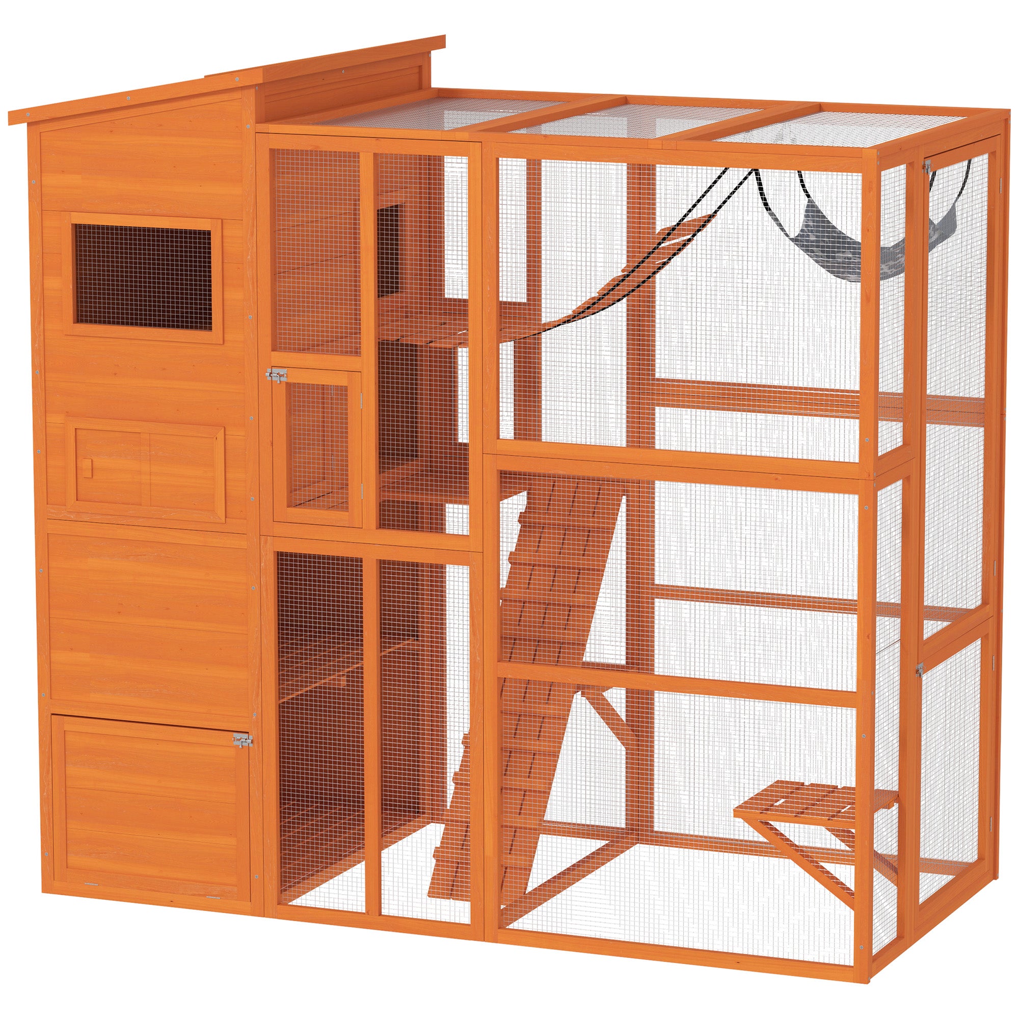 PawHut Catio Outdoor Cat Enclosure, 76" L Large Weatherproof Cat House with Cat Condo, Jumping Platforms, Ladder, Ramps, Hammock for 2-3 Indoor Cats, Orange