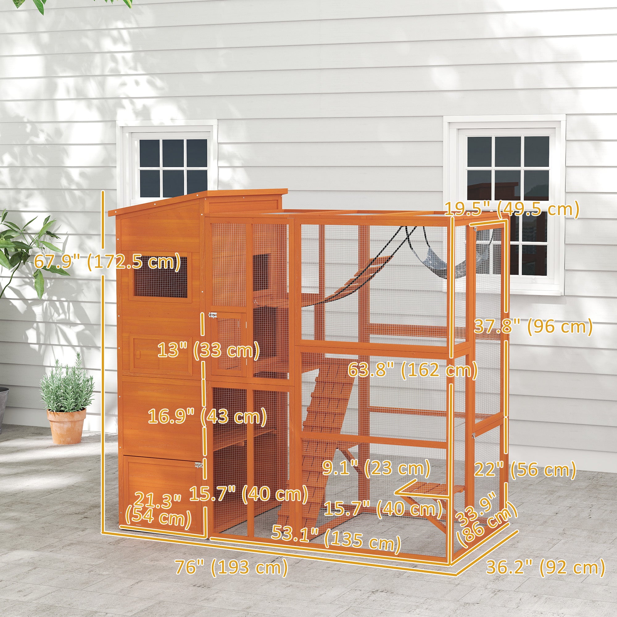PawHut Catio Outdoor Cat Enclosure, 76" L Large Weatherproof Cat House with Cat Condo, Jumping Platforms, Ladder, Ramps, Hammock for 2-3 Indoor Cats, Orange