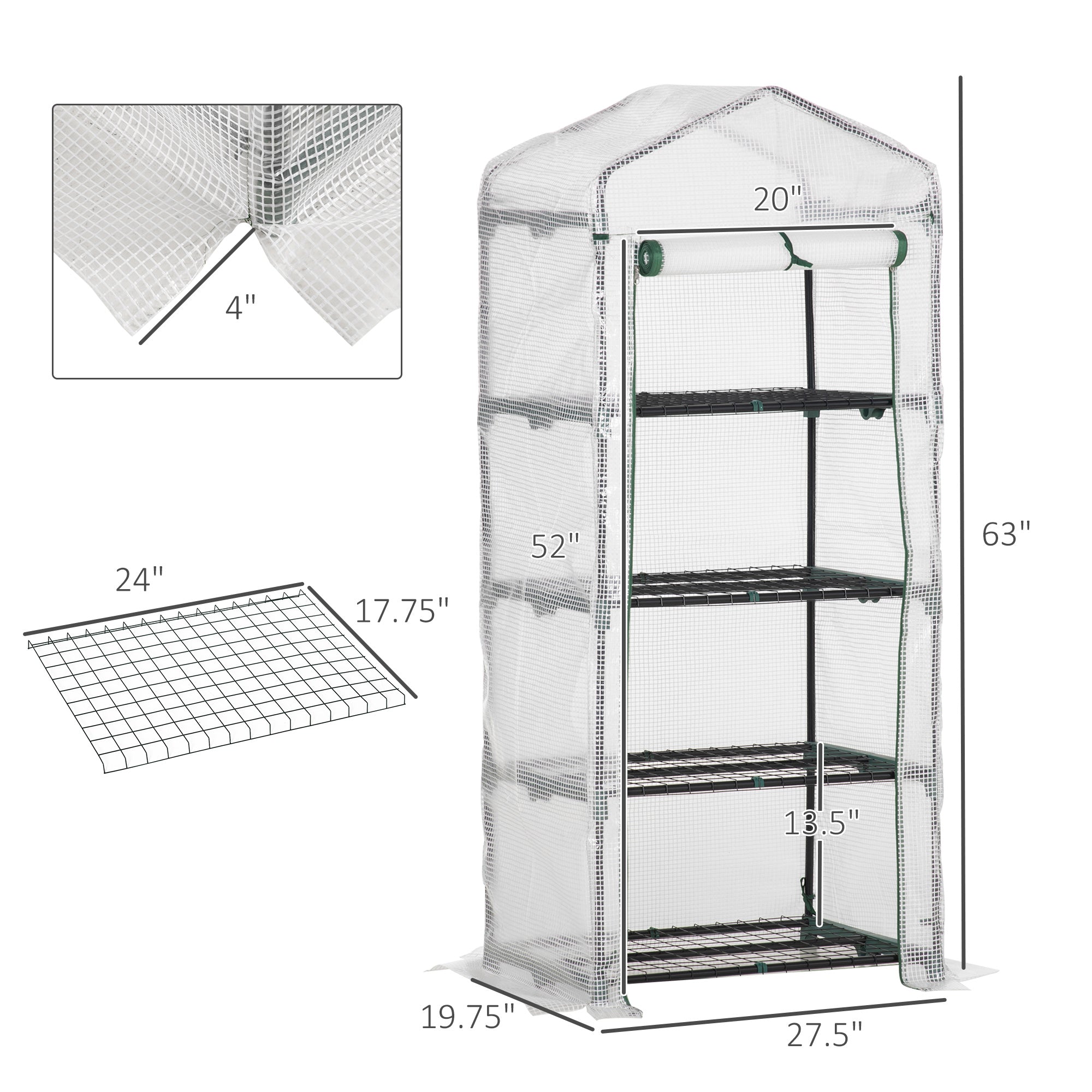 Outsunny 28" x 20" x 63" Portable Greenhouse with 4 Tier Shelves Outdoor Hot House Plant Flower Greenhouse, Steel Frame, PE Cover, White