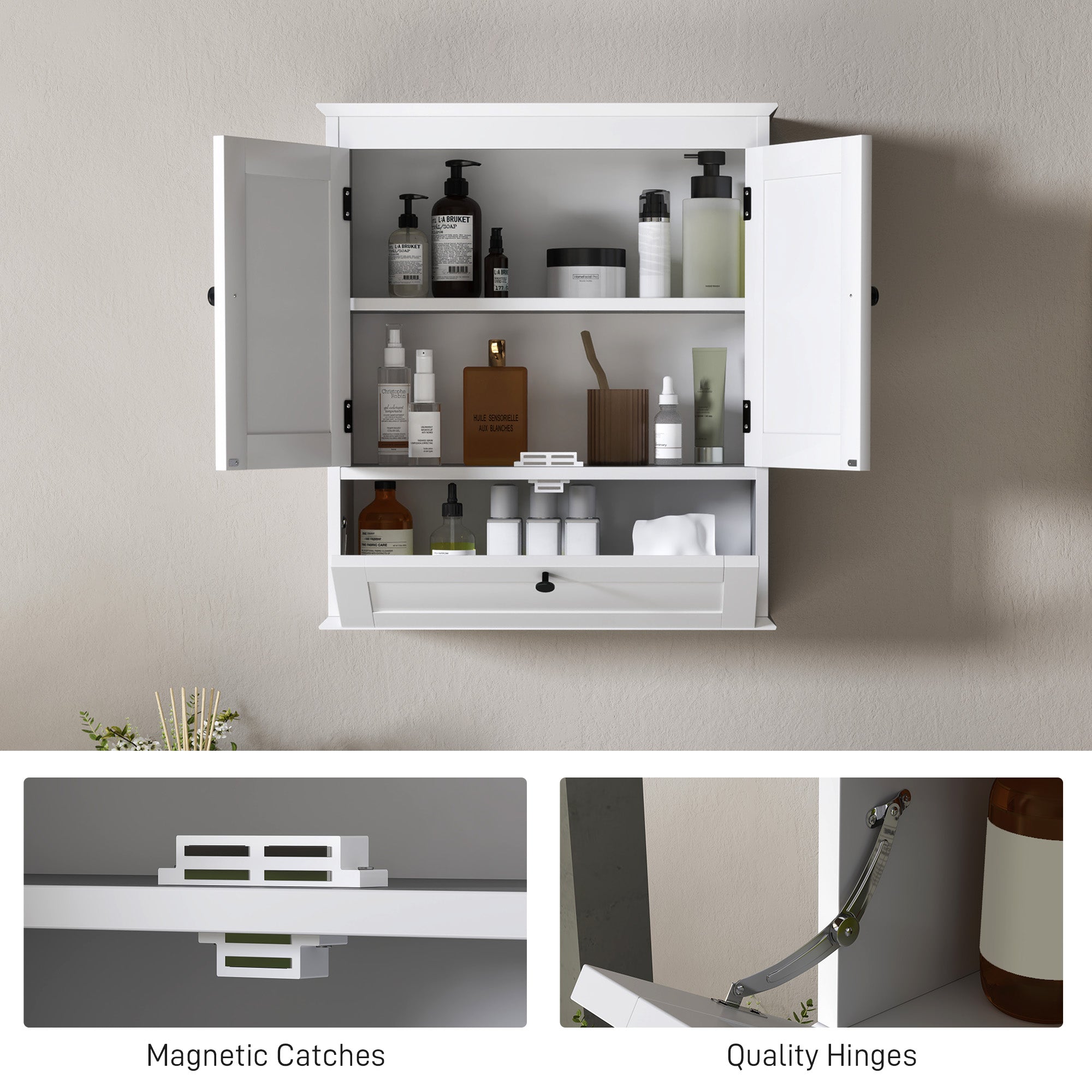 HOMCOM Medicine Cabinet with Adjustable Shelf, Bathroom Wall Cabinet with Recessed Panels, Bathroom Cabinet with Storage, White