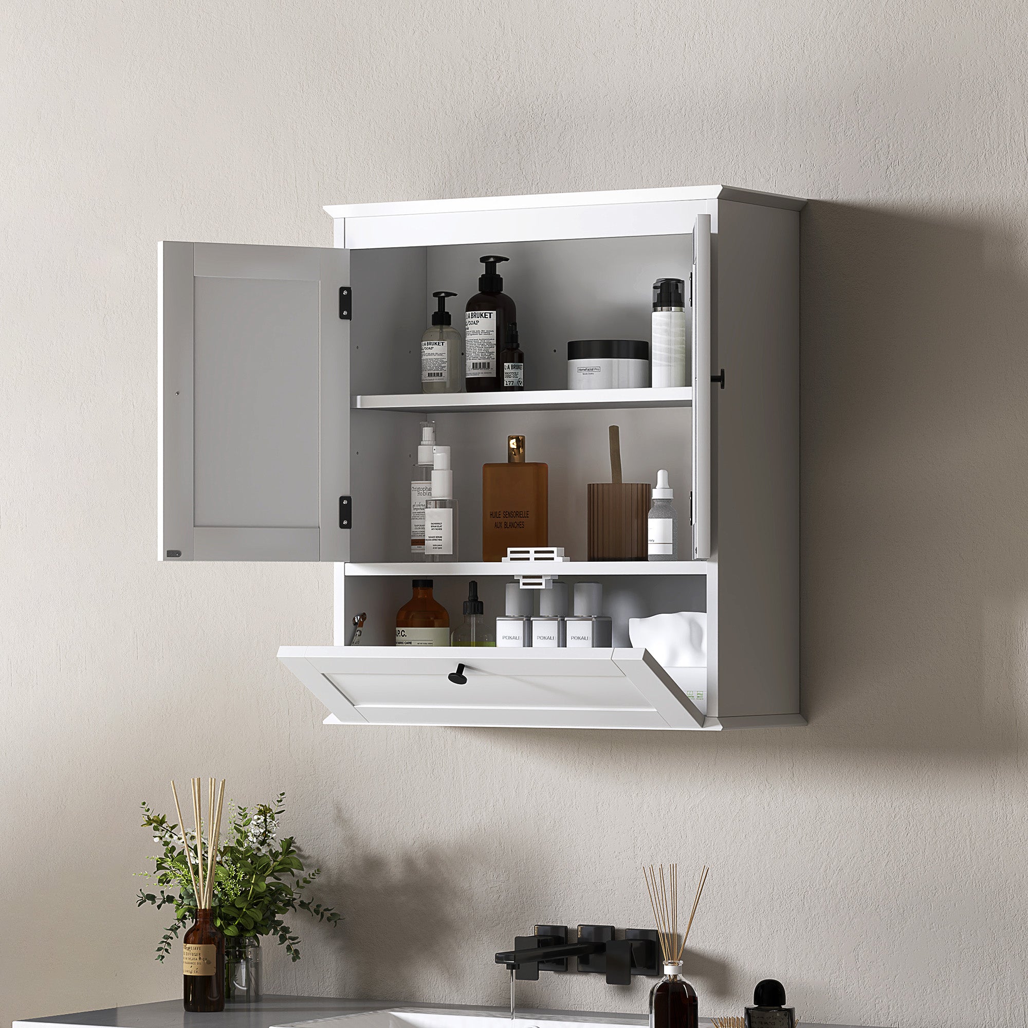 HOMCOM Medicine Cabinet with Adjustable Shelf, Bathroom Wall Cabinet with Recessed Panels, Bathroom Cabinet with Storage, White