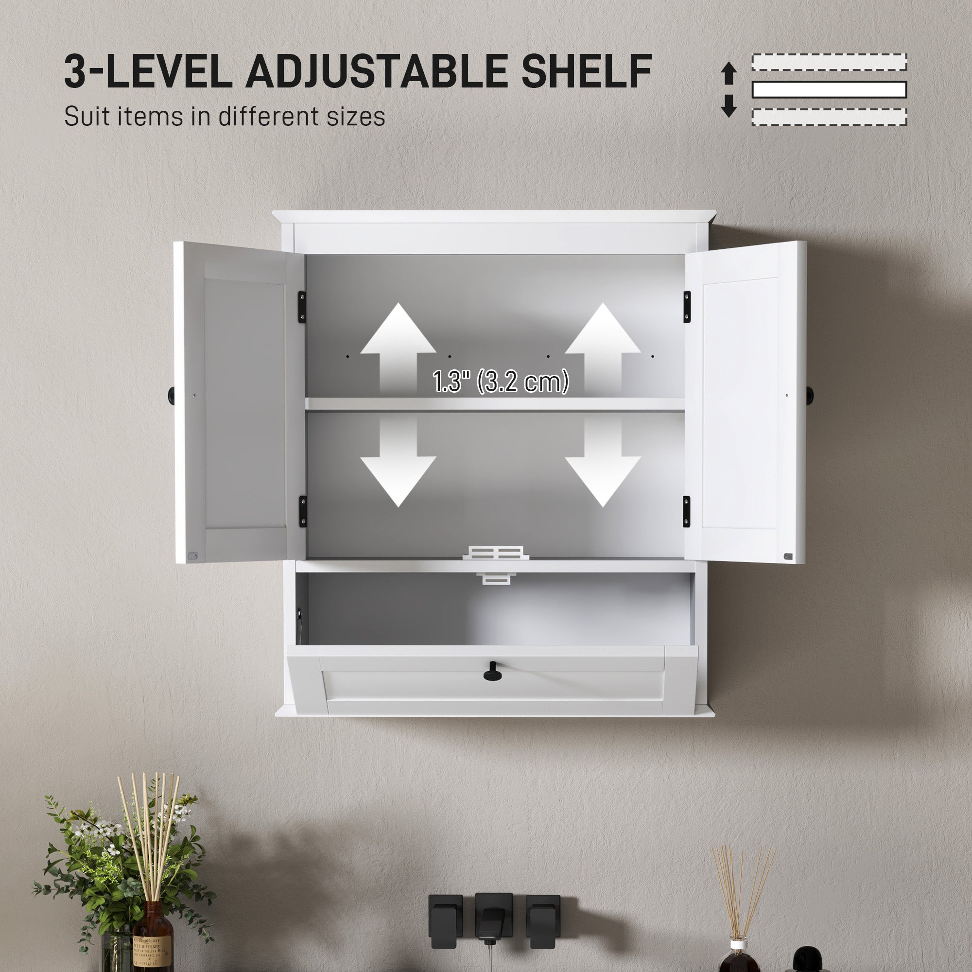 HOMCOM Medicine Cabinet with Adjustable Shelf, Bathroom Wall Cabinet with Recessed Panels, Bathroom Cabinet with Storage, White