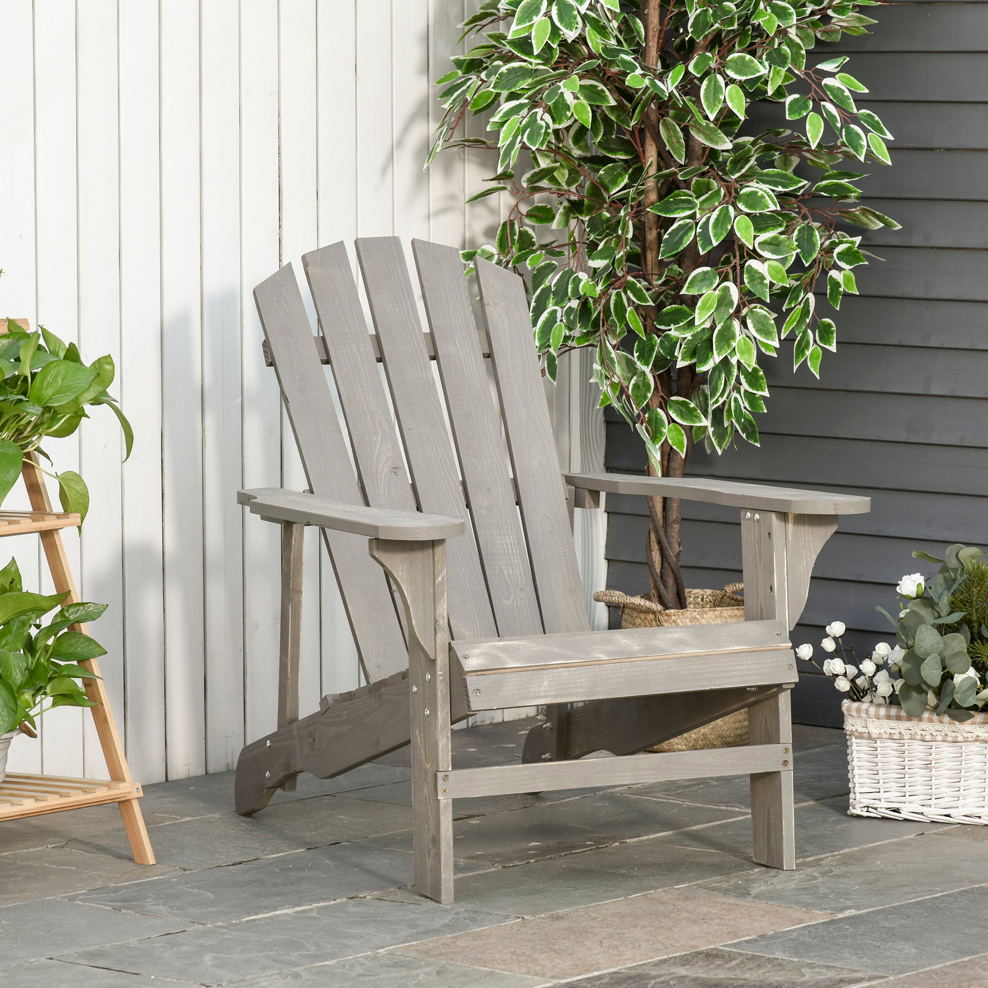 Outsunny Wood Adirondack Chair, Outdoor Patio Muskoka Chair with Slatted Design for Deck, Garden, Backyard, Fire Pit, Light Grey