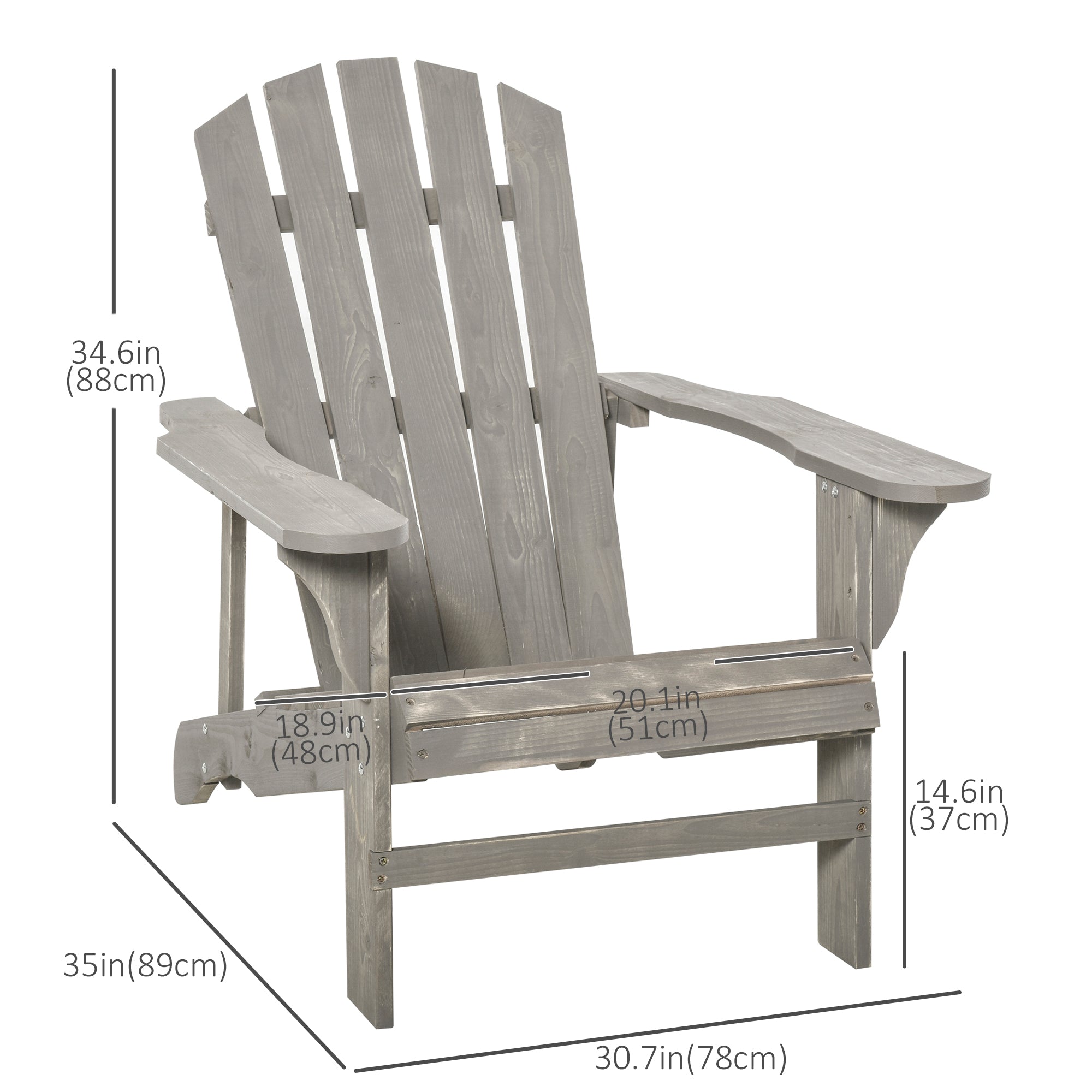 Outsunny Wood Adirondack Chair, Outdoor Patio Muskoka Chair with Slatted Design for Deck, Garden, Backyard, Fire Pit, Light Grey