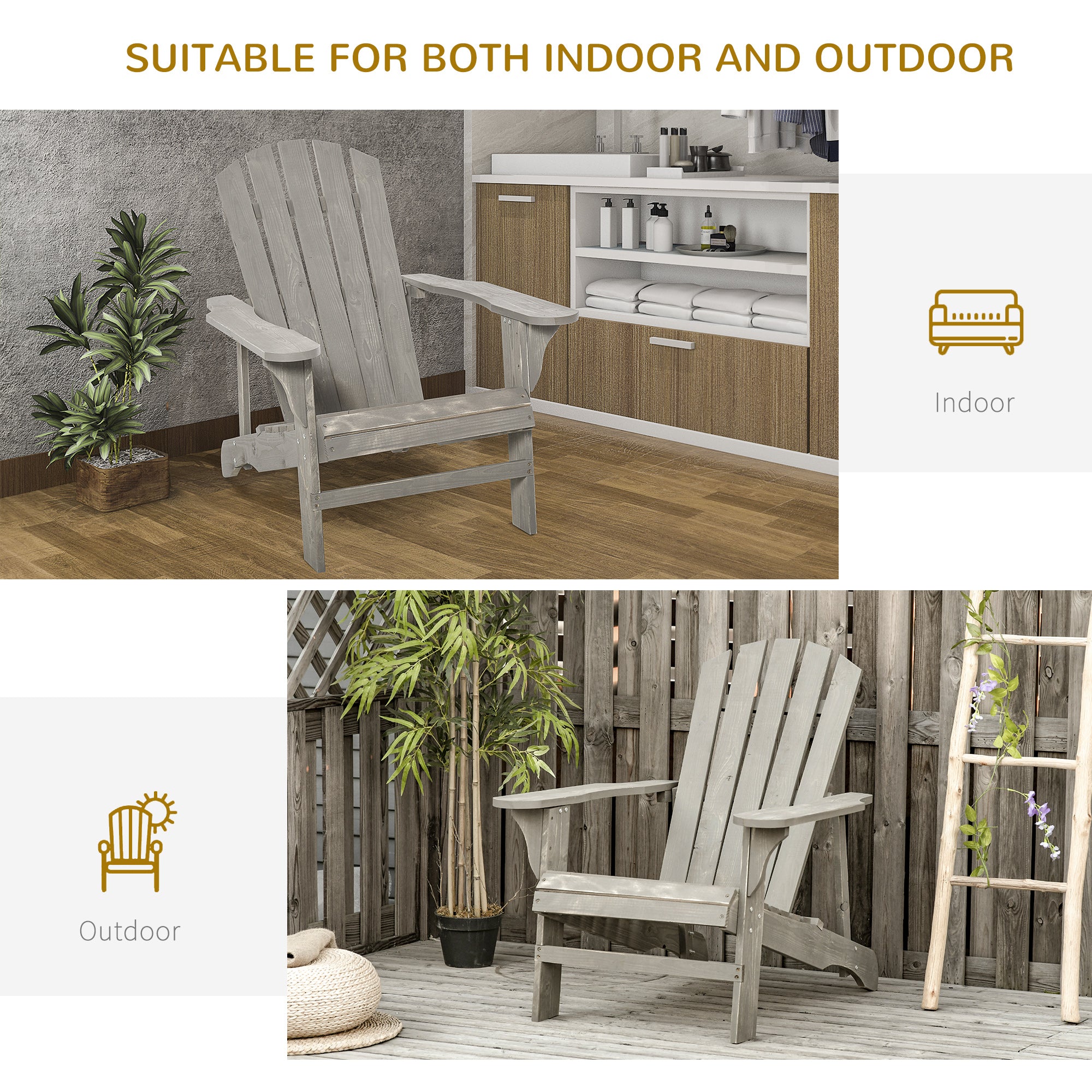 Outsunny Wood Adirondack Chair, Outdoor Patio Muskoka Chair with Slatted Design for Deck, Garden, Backyard, Fire Pit, Light Grey
