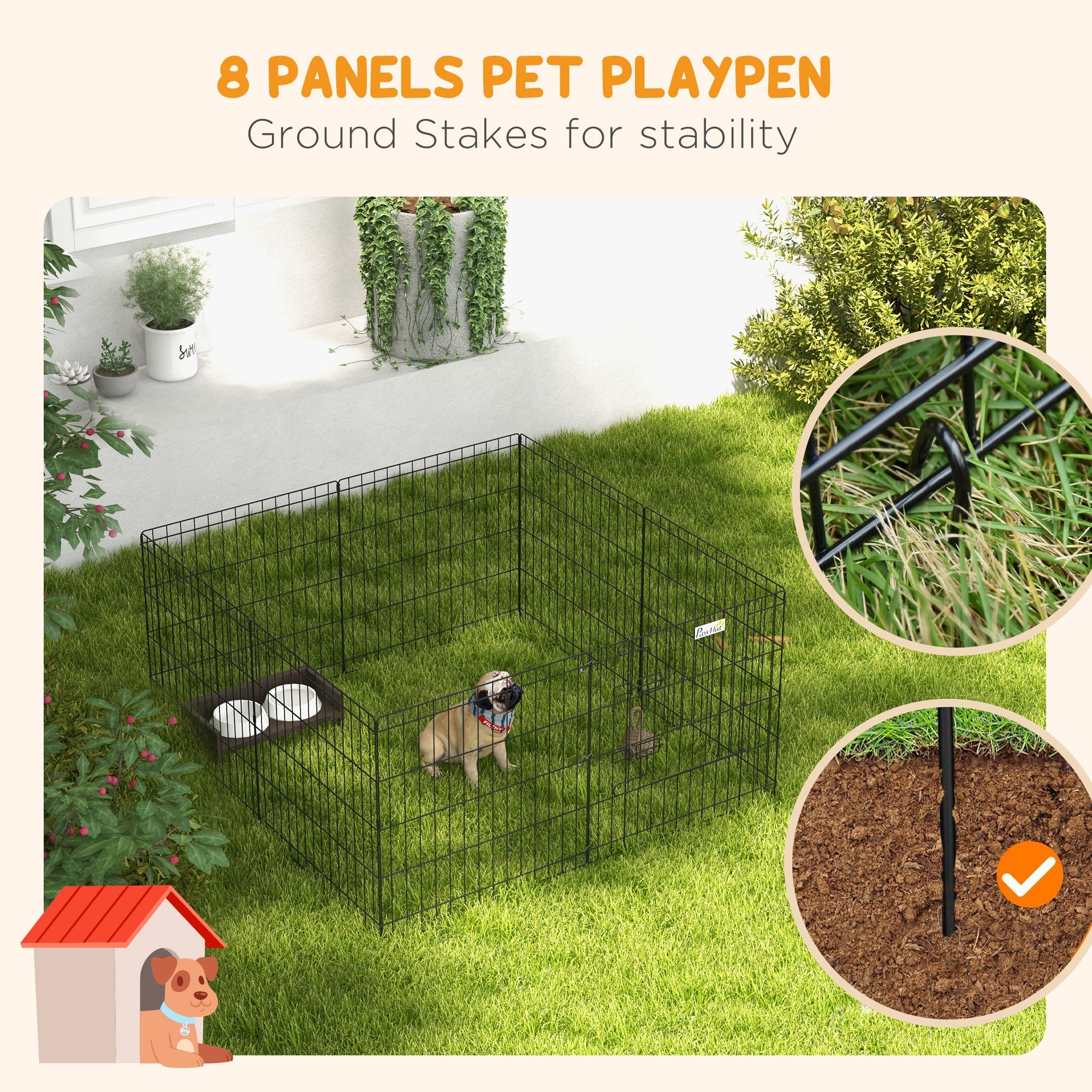 PawHut Eight-Panel Dog Playpen Puppy Pen Rabbits, Guinea Metal Crate, Pet Cage, Run Indoor, Outdoor, 61 x 61cm