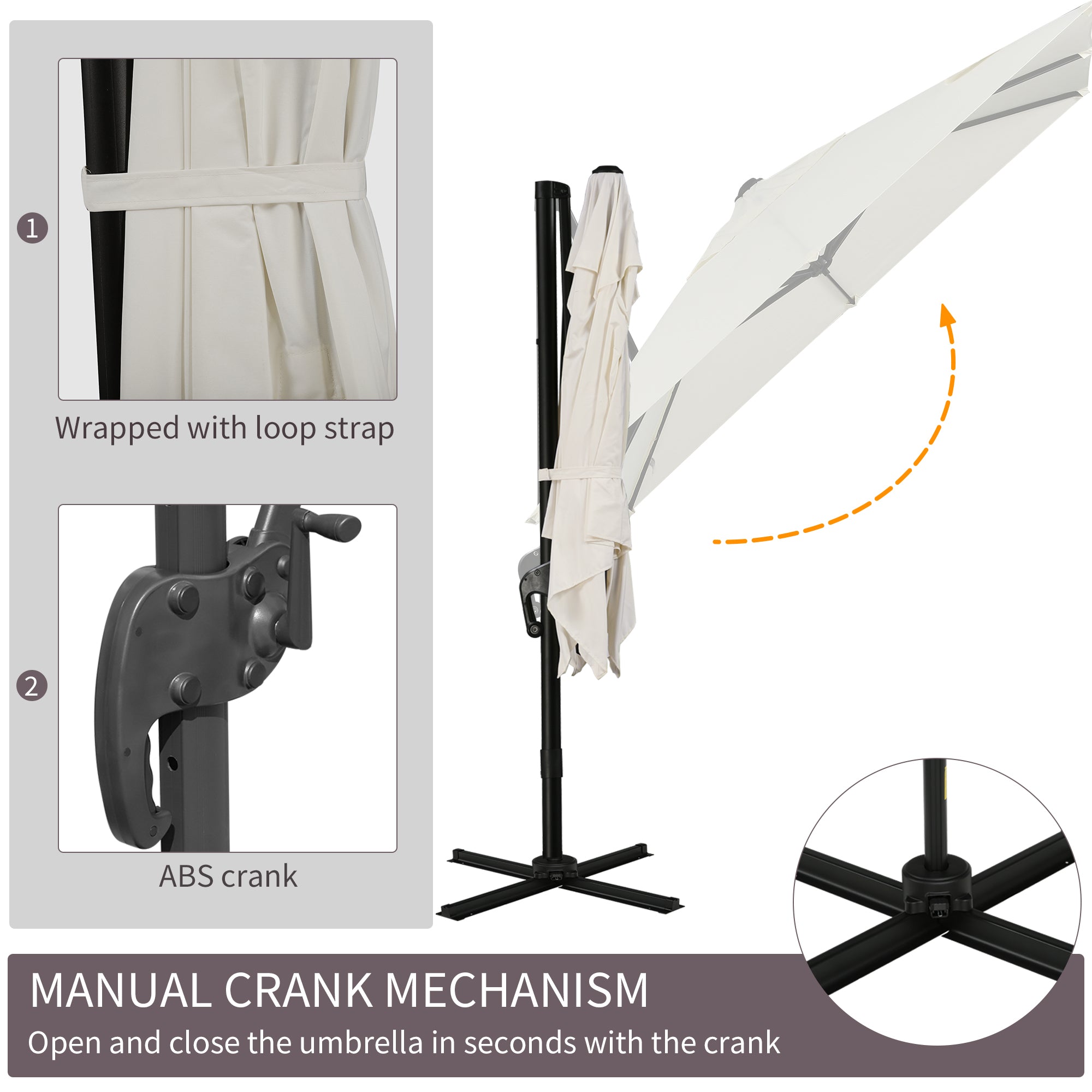 Outsunny 8' x 8' Square Patio Hanging Offset Umbrella with 360° Rotation, Aluminum Outdoor Cantilever Parasol with Crank & Tilt, Sun Canopy Shelter with Cross Base, Cream White