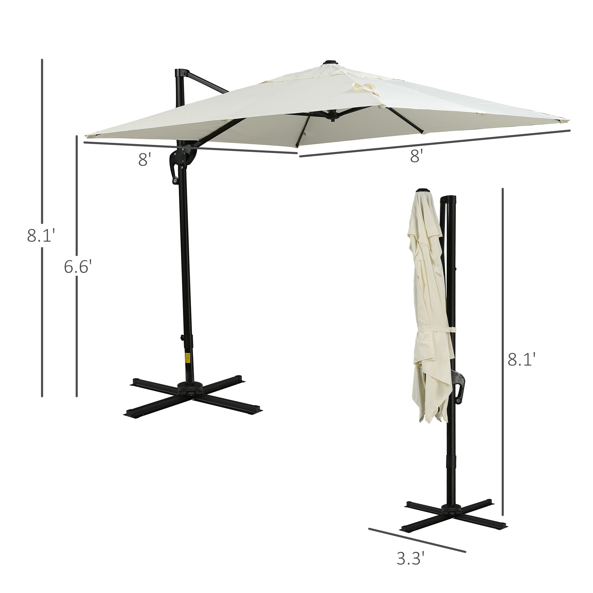 Outsunny 8' x 8' Square Patio Hanging Offset Umbrella with 360° Rotation, Aluminum Outdoor Cantilever Parasol with Crank & Tilt, Sun Canopy Shelter with Cross Base, Cream White