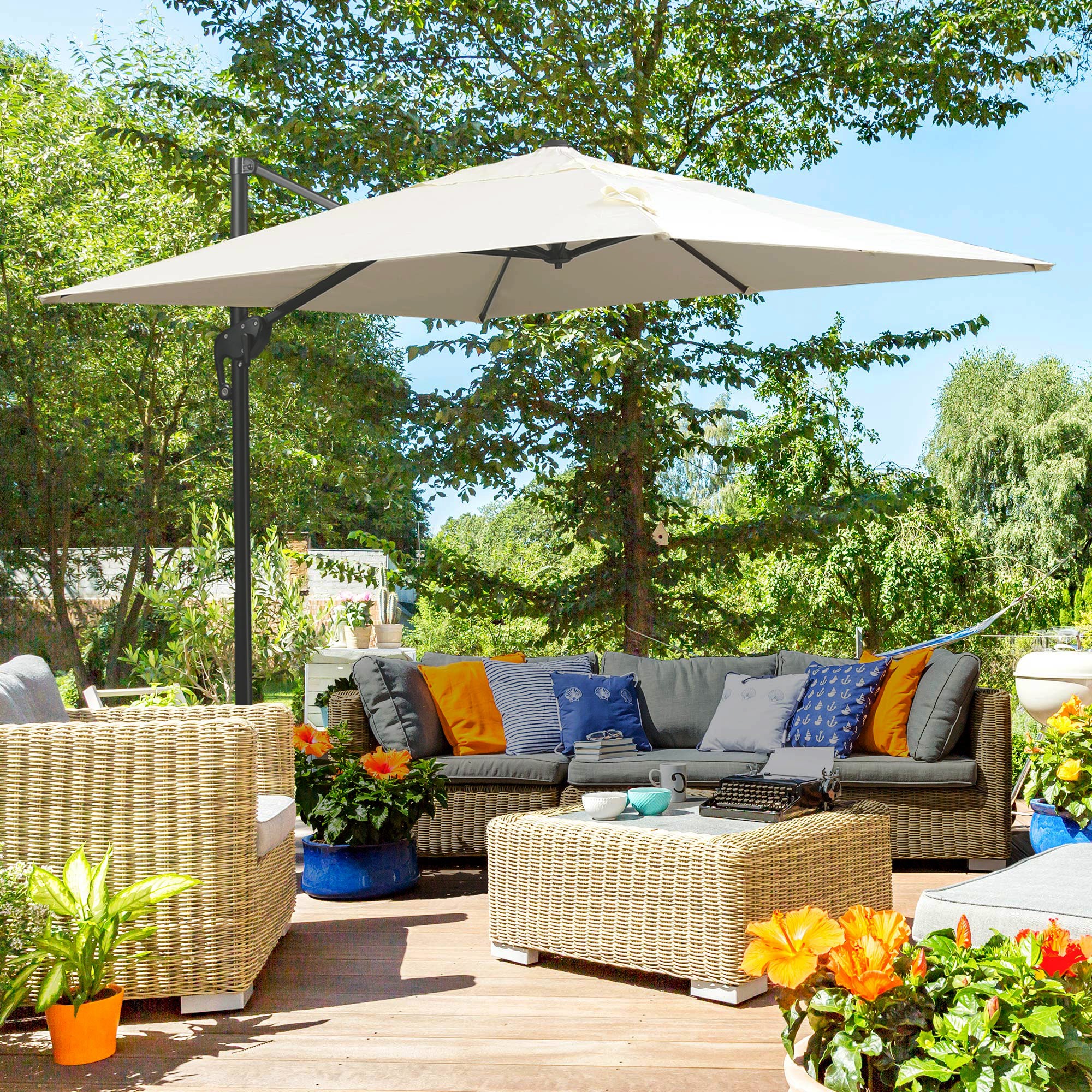 Outsunny 8' x 8' Square Patio Hanging Offset Umbrella with 360° Rotation, Aluminum Outdoor Cantilever Parasol with Crank & Tilt, Sun Canopy Shelter with Cross Base, Cream White