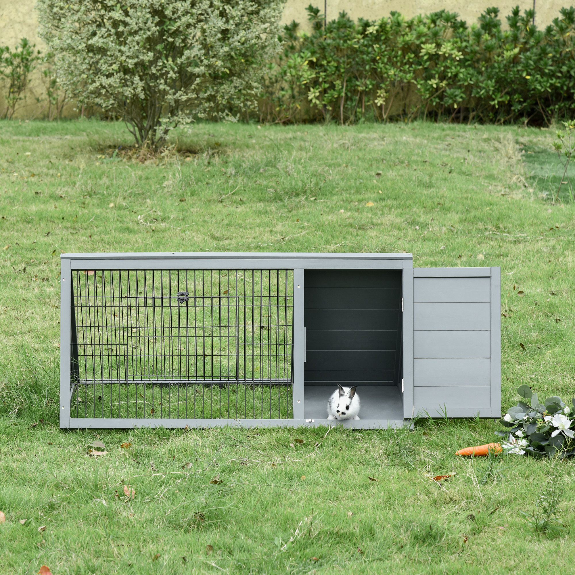 PawHut 46" x 25" Wooden A-Frame Outdoor Rabbit Cage Small Animal Hutch with Outside Run & Ventilating Wire, Grey