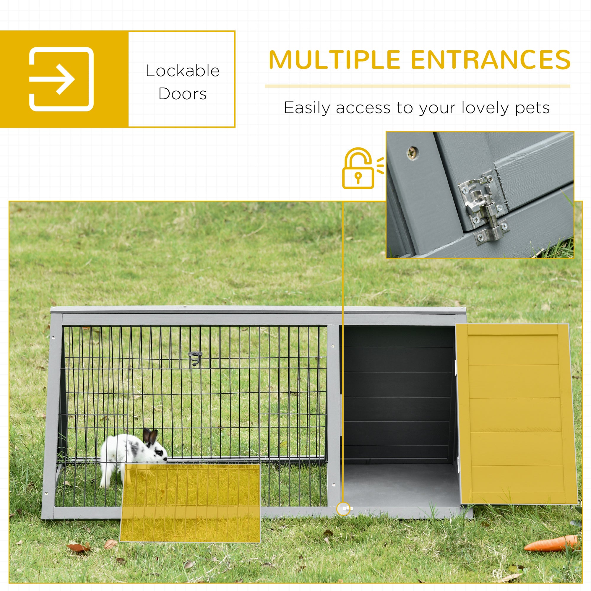 PawHut Wooden Rabbit Hutch Triangle Bunny Ferret Cage Guinea Pig Run Small Animal Hutch Grey 116 x 62.2 x 52.5 cm